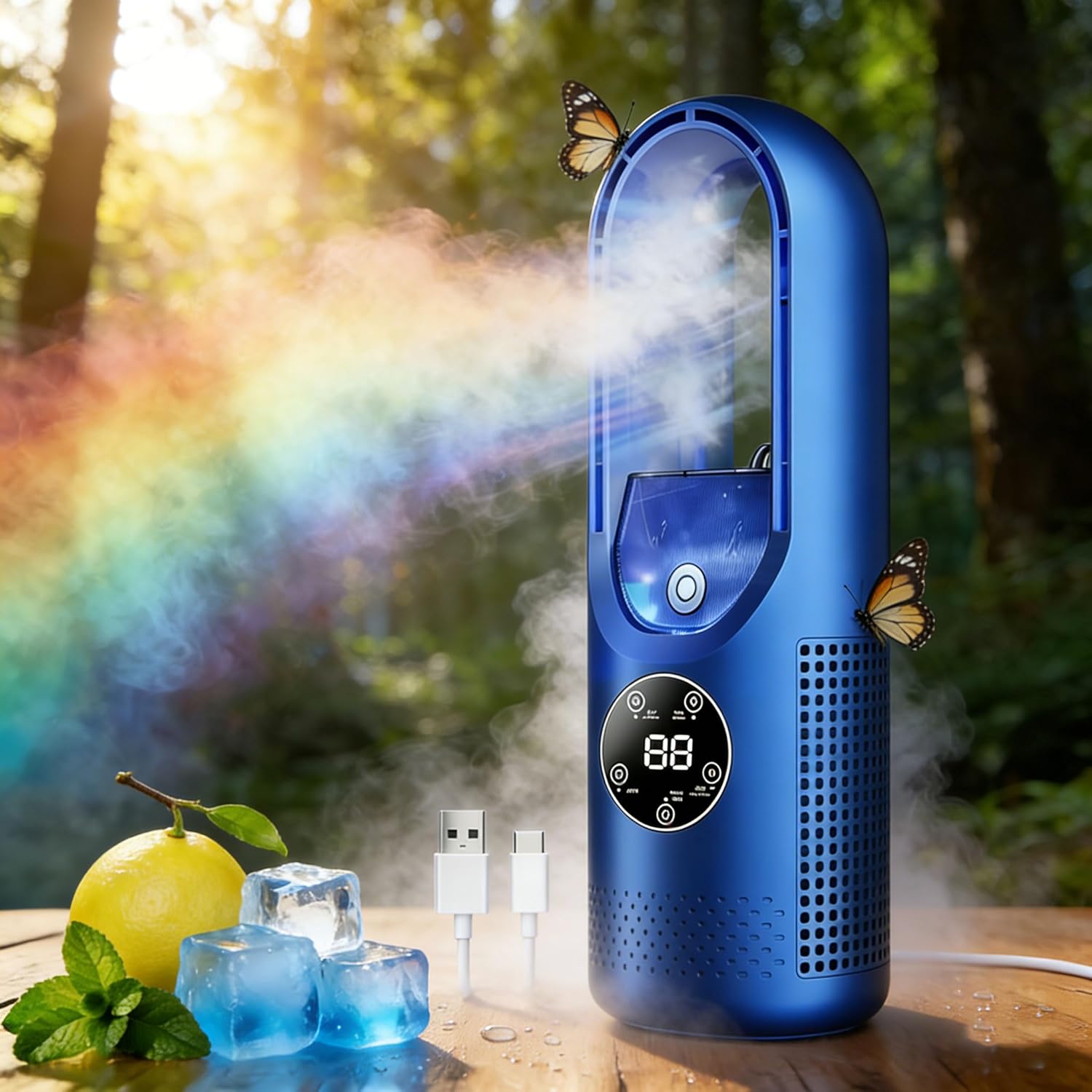 Desk Fans Small Quiet - 6-Speed Bladeless Electric Fan with Light and 7-Color Light, Built-In 7-Color Cycle Light, Timing Function, USB Powered for Personal Bedroom Home Office (Blue)