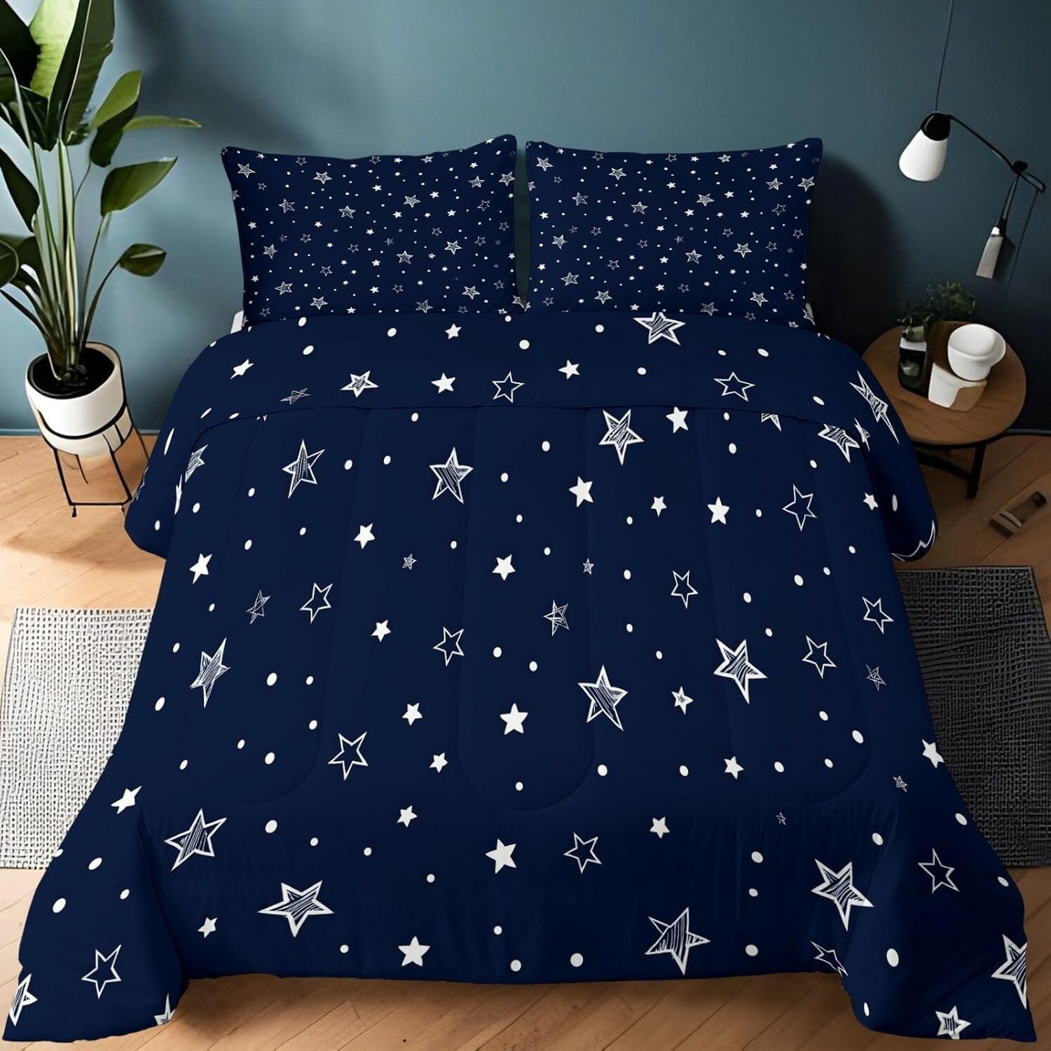 Genérico Edredon Cama 150 Puntos de Estrella Edredón Nordico Adulto sin Funda Reversible Azul Oscuro Estampado Suave Ligero Transpirable Duvet 220x240 cm Incluye 2 Fundas de Almohada 50x75 cm YUa869