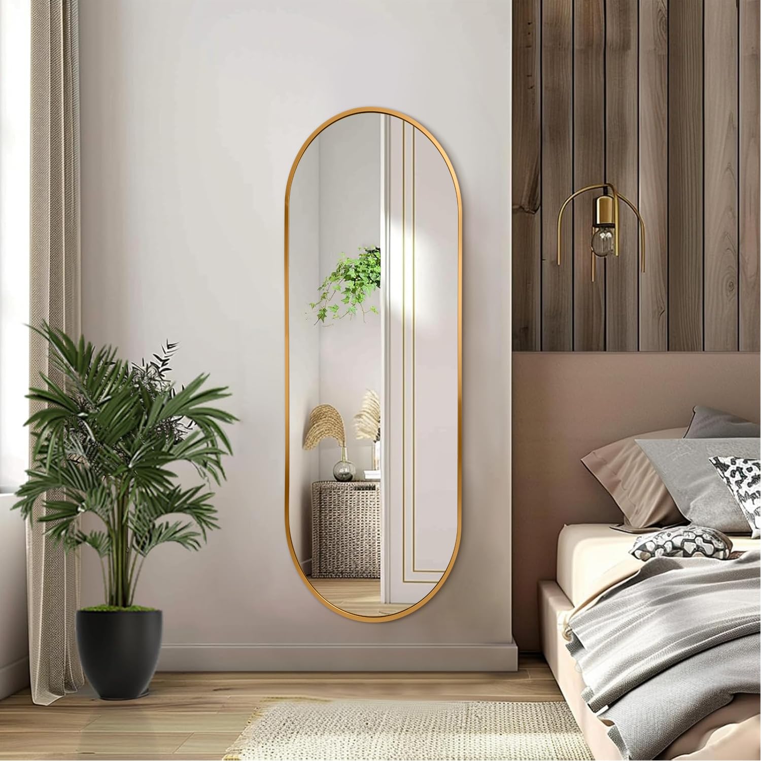 Espejo ovalado dorado de longitud completa, 120 x 40 cm, pared oblongo en forma de píldora, marco de aluminio y metal, decorativo para sala de estar, tocador