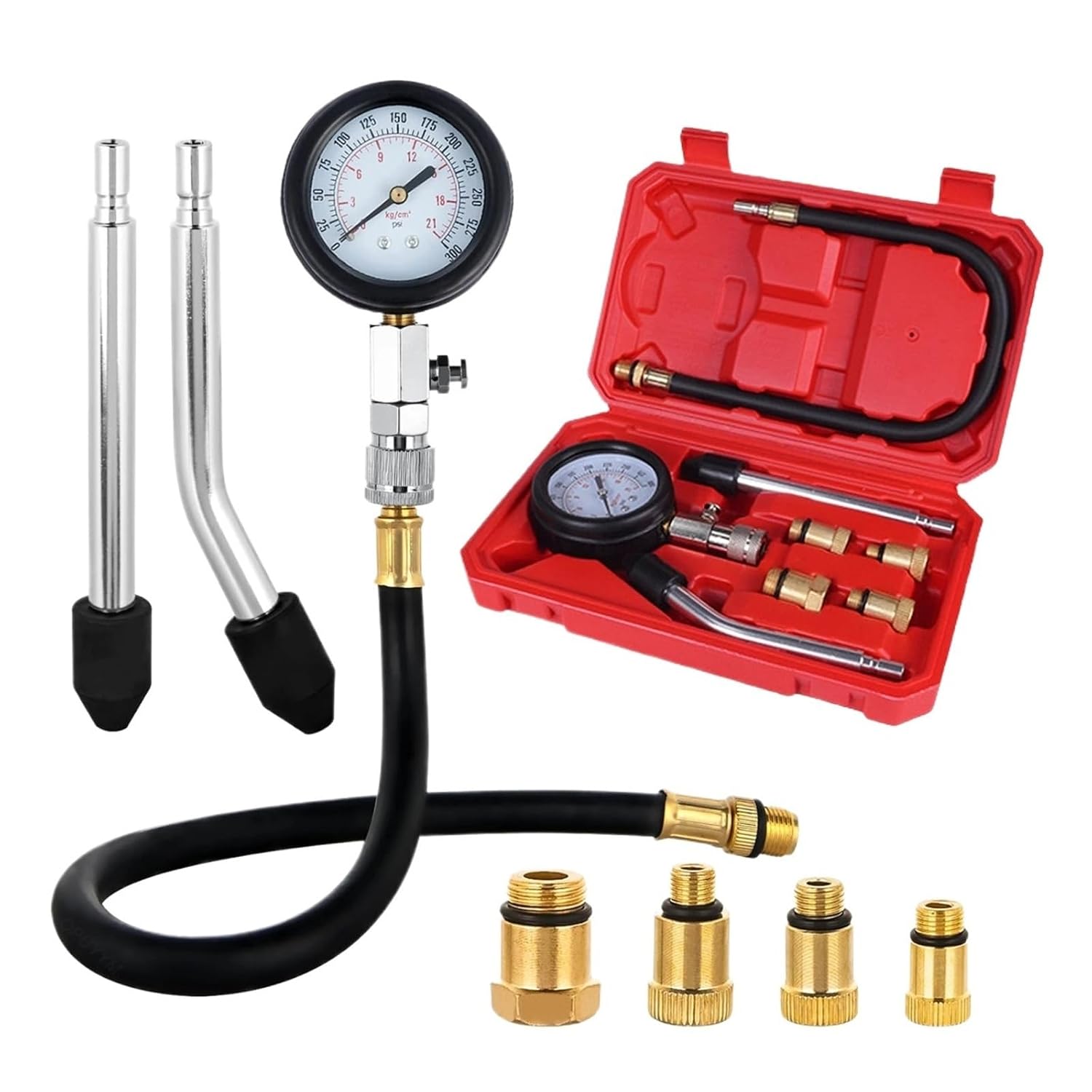 Gasoline Engine Compression Meter Car Cylinder Tester Kit 0-300 PSI Pressure Gauge with M10 M12 M14 M18 Adapter