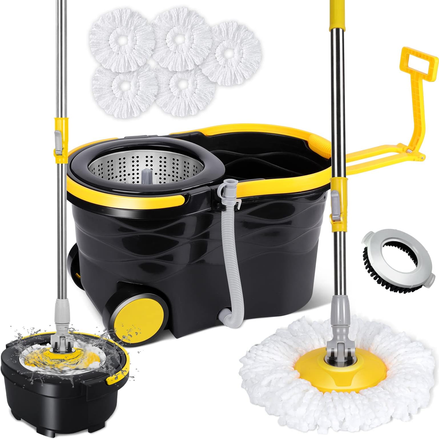 Masthome Spin Mop and Buckets Sets, 12L Magic Spinning Mop with Wheels, Microfiber Mop Bucket System with 5 Replacement Mop Pads Refills