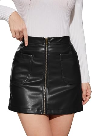 HERBATOMIA Womens Faux Leather Mini Skirt Pencil Skirts with Pockets | High Waisted, Zipper Front, Back Elastic Waist, Casual Daily, Club Party, Bodycon Leather Skirt for Women