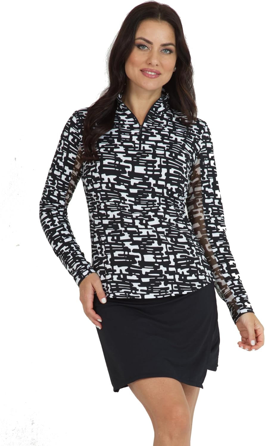 IBKUL Athleisure Wear Sun Protective UPF 50+ Icefil Cooling Juno Print Long Sleeve Mock Neck Top – 10759 Black/White/Juno/XS