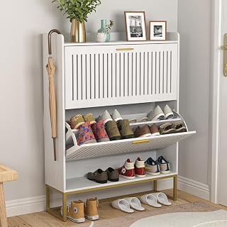 Shoe Cabinet with 2 Flip Drawers and Open Cubby, Narrow Shoe Storage Cabinet with Adjustable Shelf, Wall Hidden Shoe Organizer, Modern Slim Shoe Rack Cabinet for Entrayway, Hallway