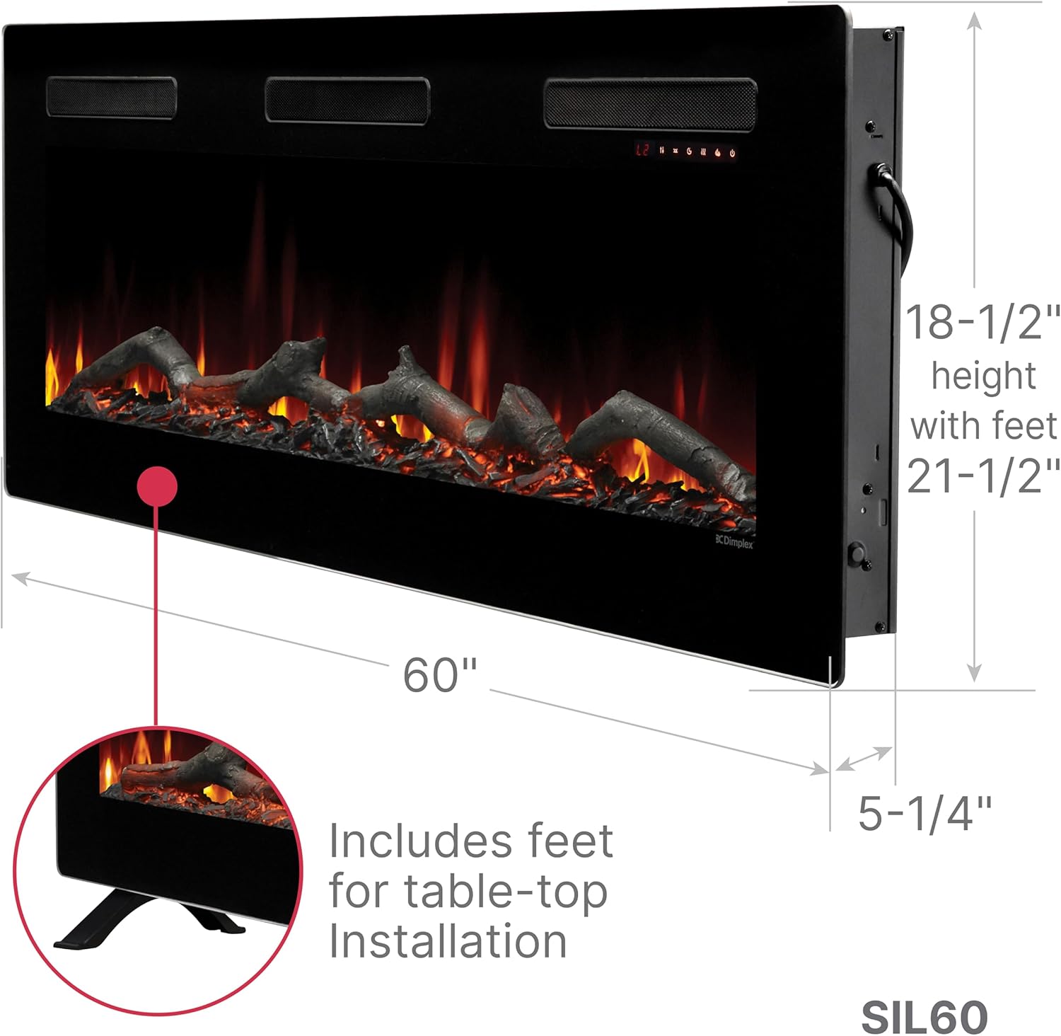 Diagram showing dimensions of the Dimplex Sierra 60-inch Electric Fireplace Heater