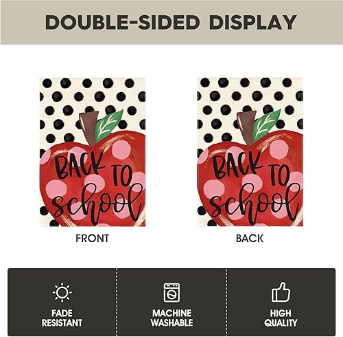 Miniatura 6 de AVOIN colorlife Bandera de jardín para el regreso a clases, de 12 x 18 pulgadas, de doble cara, diseño de manzana, con lunares, para el primer día