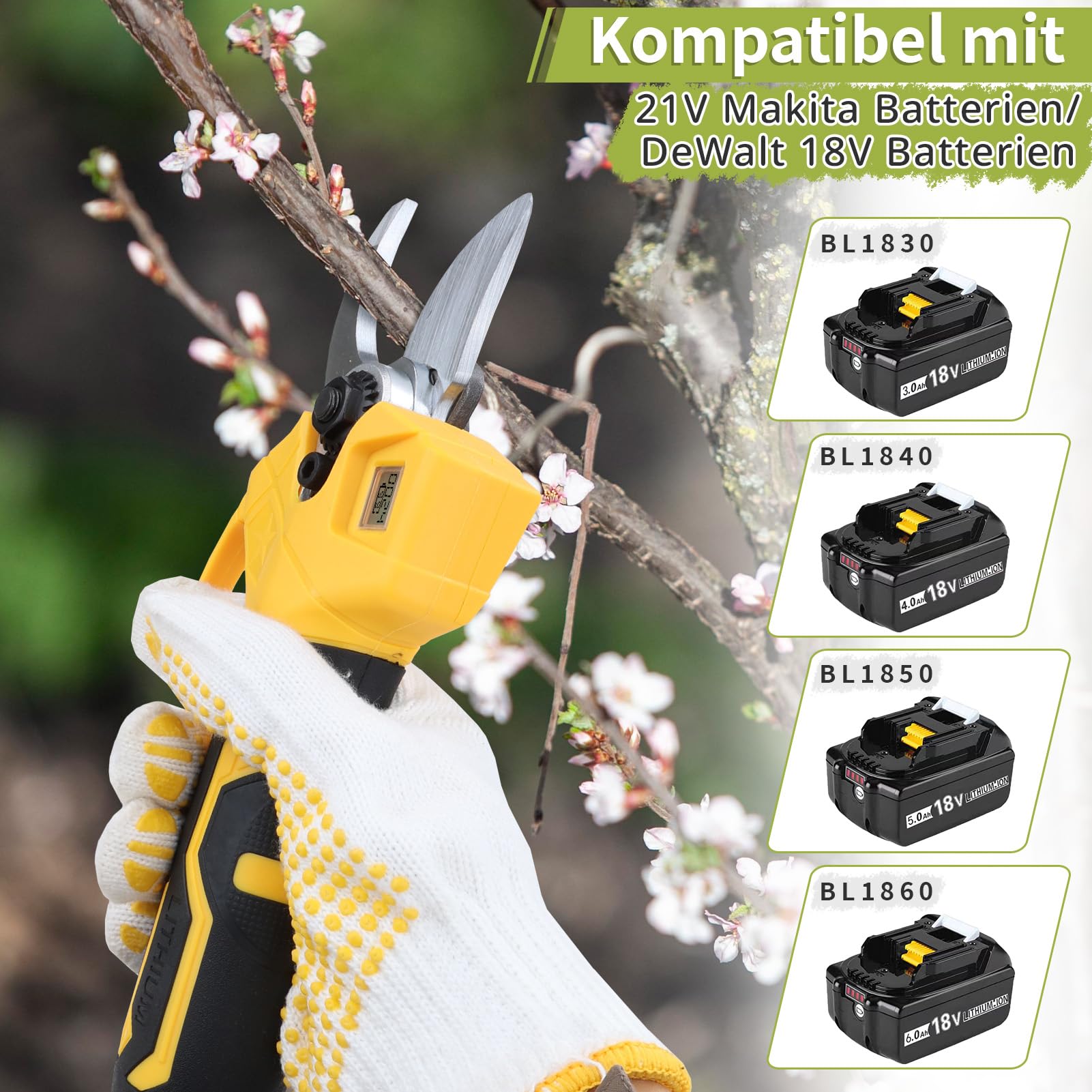 Akku Gartenschere für Makita, Elektrische Gartenschere Professionelle 21V Bürstenlosen Motor Akku Astschere, Drahtlose 35mm Mit LED-Batterieanzeige (Ohne Akku)