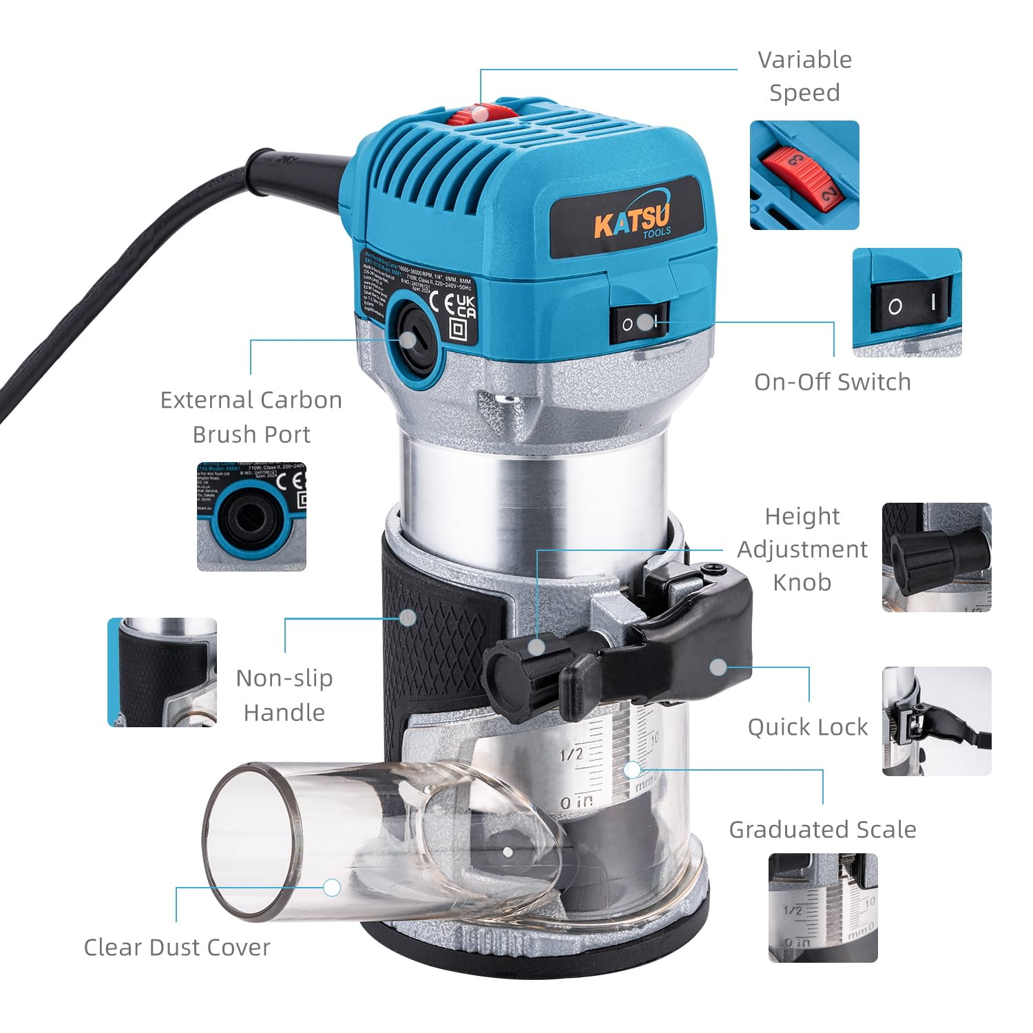 KATSU Tools Electric Hand Trimmer Wood Router Laminator Joiners Tool 710W, Soft Start, Aluminum Body and Trimmer Base - Image 4