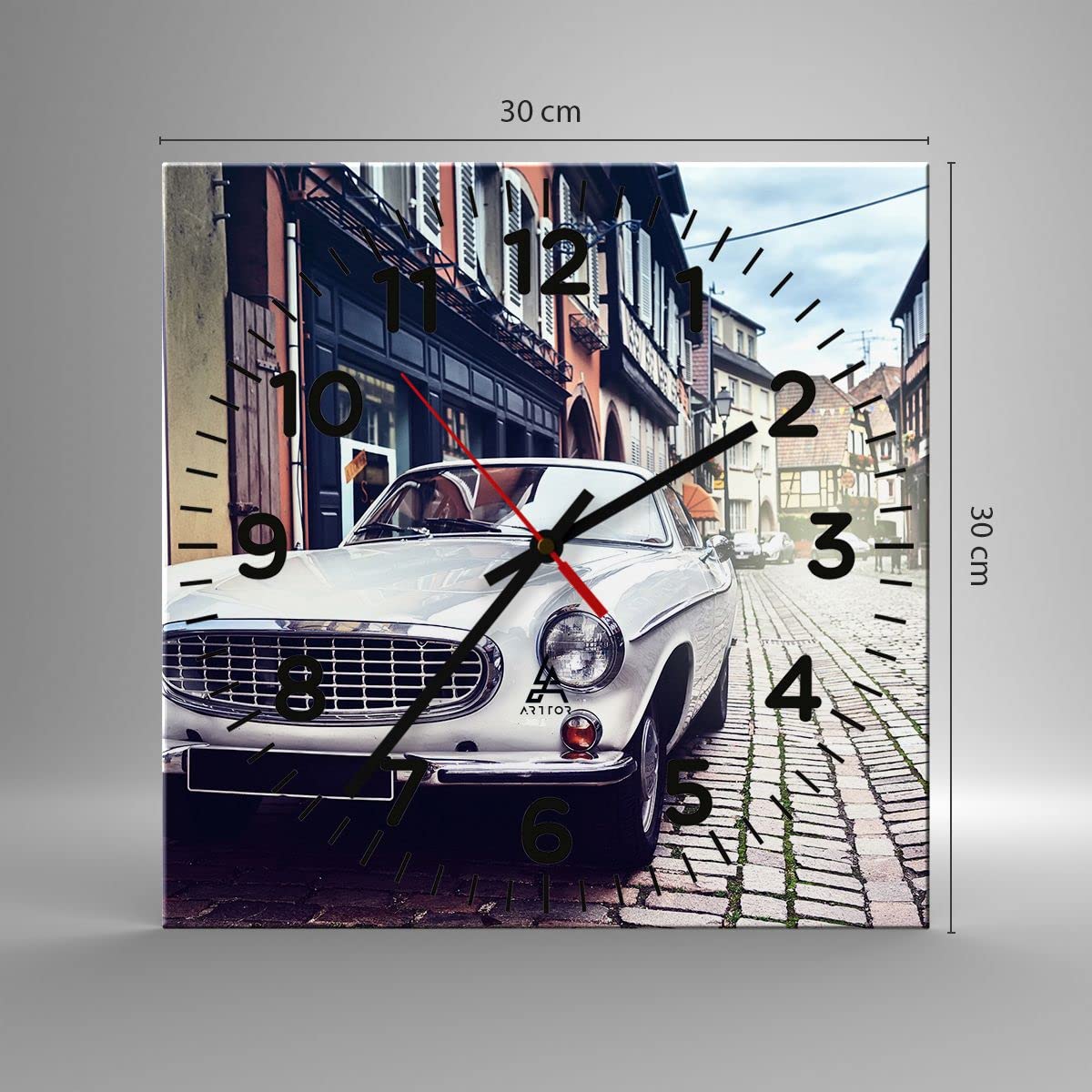 ARTTOR Zegar ścienny na szkle samochód ulica dom Nowoczesny 30x30 cm Dekoracja ścienna Salon Sypialnia Kuchnia Deko Cichy zegar na ścianę Duży Wall Clock Dekor C4AC30x30-3677