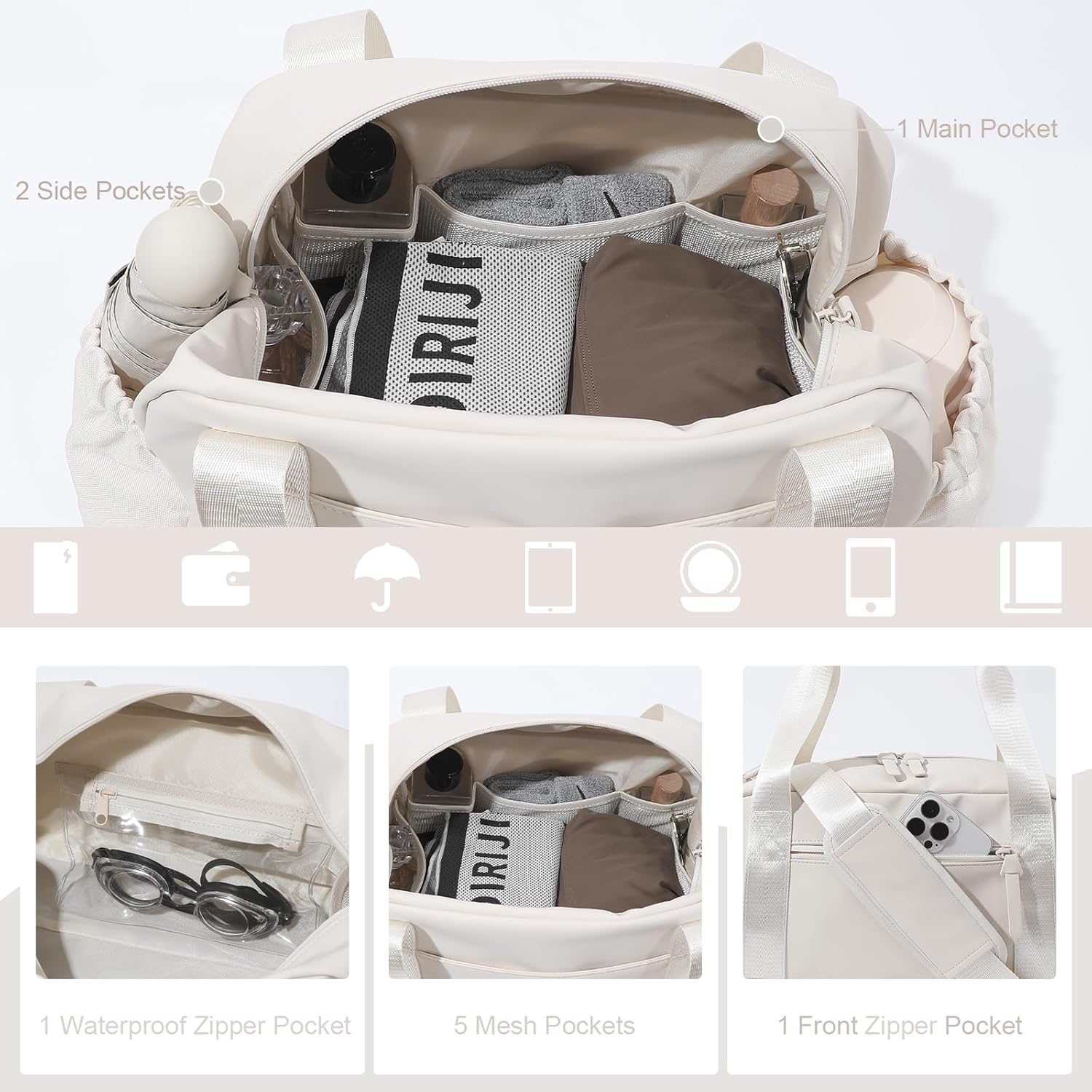 Bucosd Small Gym Bag for Women, Mini Crossbody Gym Duffle Bag with Wet Compartment, Carry on Gym Tote Bag for Workout Dance Sport Travel (Medium-Beige)