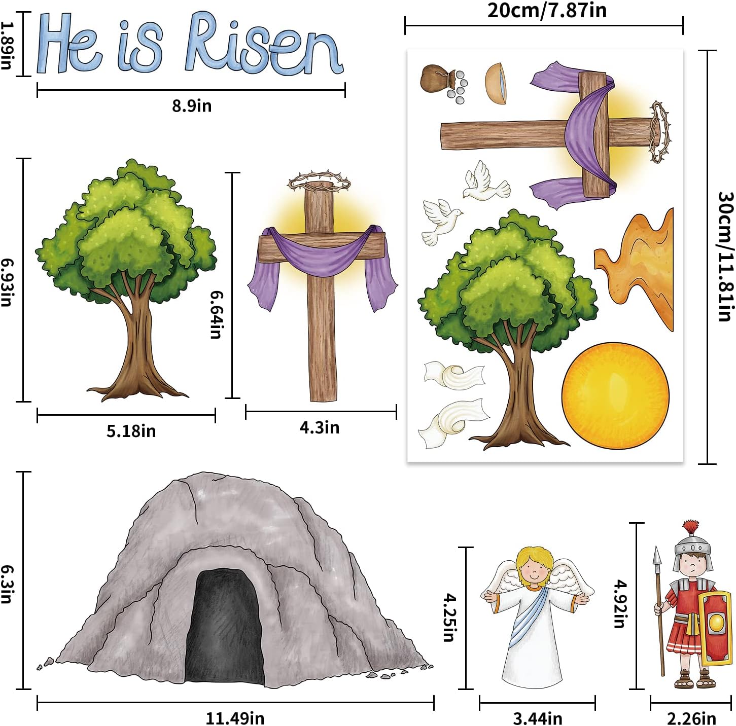 Generic Easter Window Decals, 5 Sheets, Multicolor, Classic Style, PVC Material, He is Risen, Resurrection, Jesus Christ, Window Surface