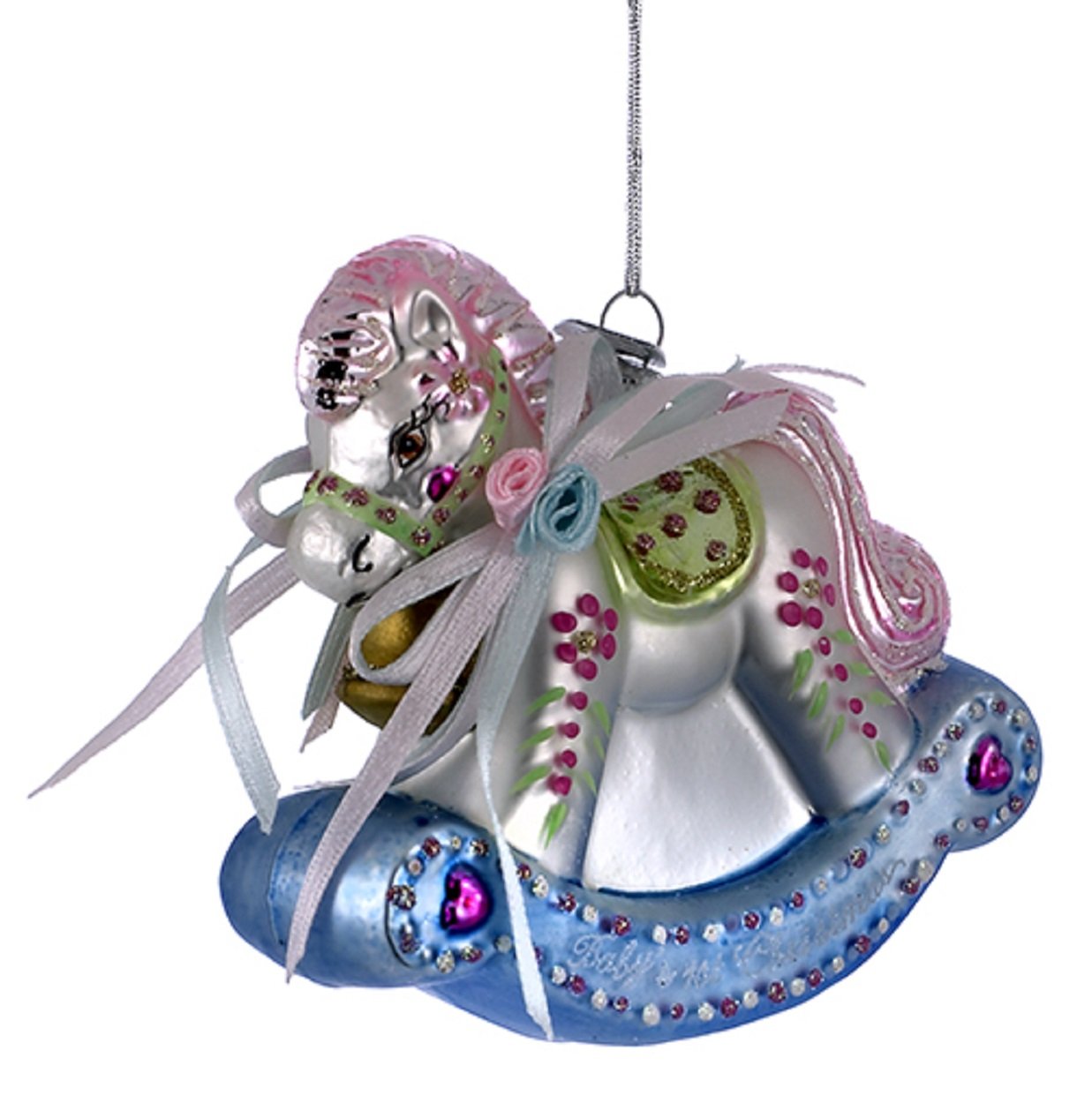 3.75" NOBLE GEMS GLASS BABY'S FIRST CHRISTMAS ROCKING HORSE Christmas Tree Ornament