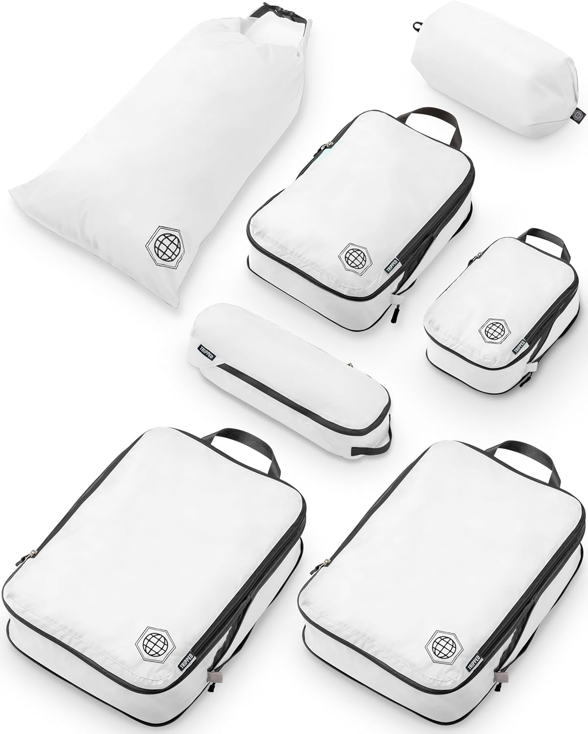 TRIPPED Travel Gear Extra Large Compression Packing Cubes for Travel-Extra Large Packaging Cube Luggage Organizers 7 Piece Set-Ultralight, Expandable/Compression Bags for Clothes (White/Grey) TRIPPED Travel Gear Extra Large Compression Packing Cubes for Travel-Extra Large Packaging Cube Luggage Organizers 7 Piece Set-Ultralight, Expandable/Compression Bags for Clothes (White/Grey)