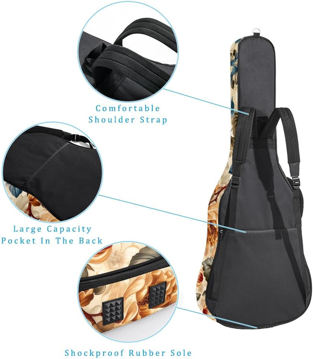 40 41 42 Inch Acoustic Guitar Bag, 0.4 In Thick Sponge Padded Guitar Case Gig Bag with Back Hanger Loop and 2 Pockets, Vintage Beautiful Flowers Seamless Pattern