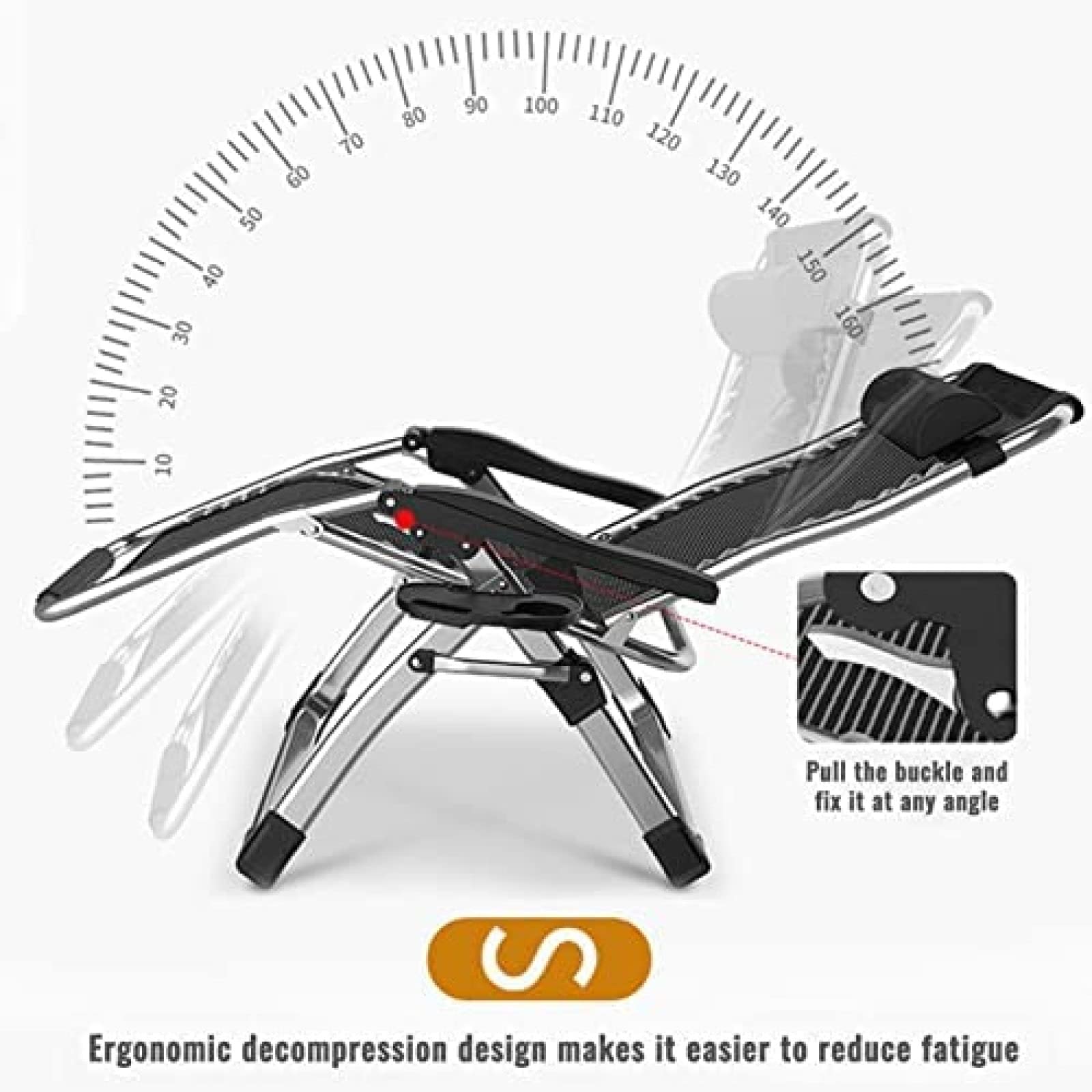 Zero Gravity Sedie Lettino Prendisole Extra Largo per Impieghi Gravosi 72cm /28 Lettino Prendisole Pieghevole Portatile Comodo Lettino Prendisole Sedie da Giardino,Cuscinetti Neri,Telaio Nero,
