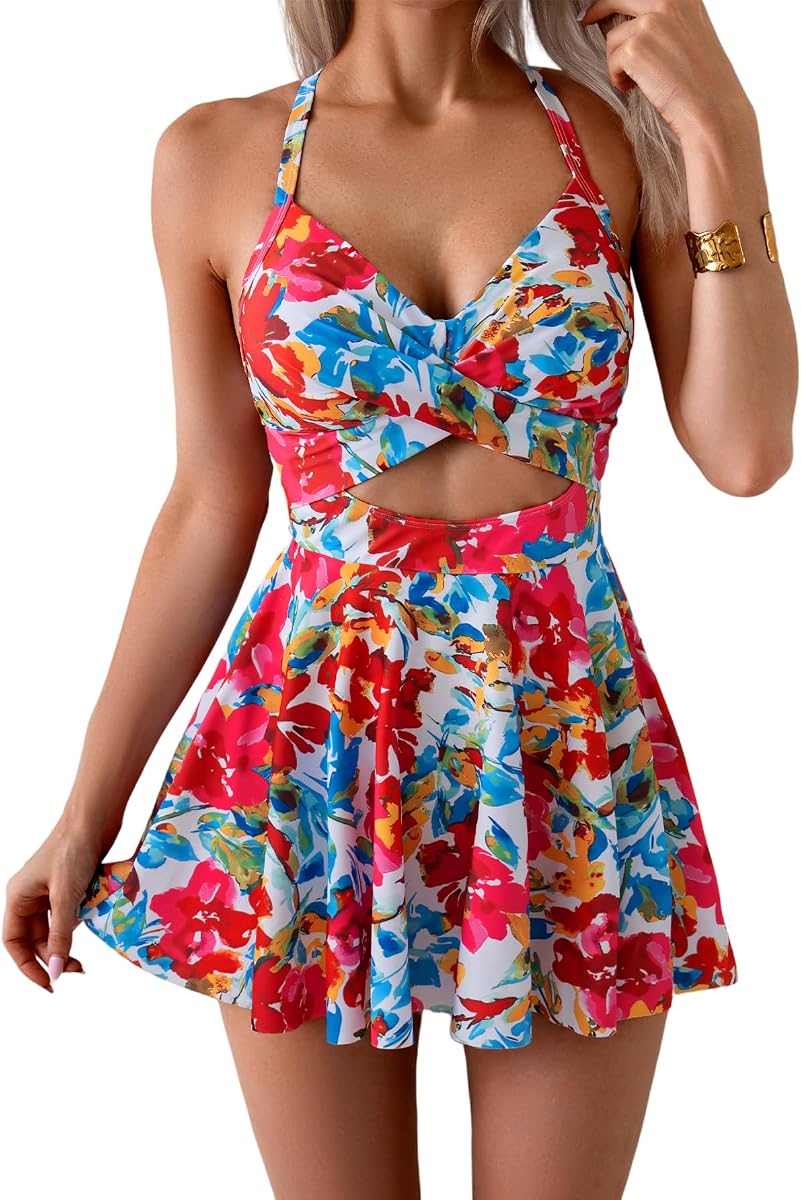 Women's Swim Dress Tummy Control One Piece Swimsuit with Skirt