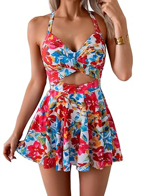 B2prity Women Cutout One Piece Skirt Swimsuit V Neck Wrap Tie Back Swimdress Tummy Control Bathing Suits