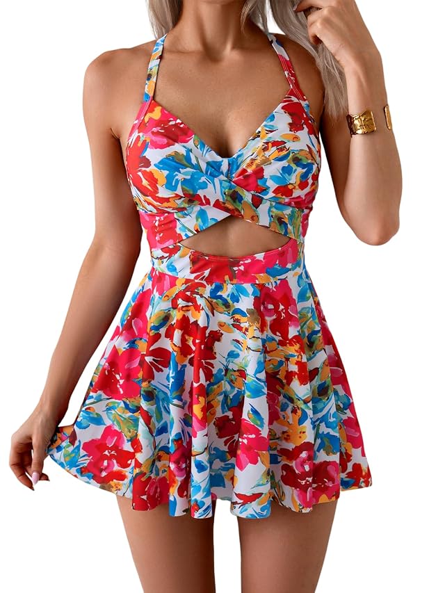 B2prity Women Cutout One Piece Skirt Swimsuit V Neck Wrap Tie Back Swimdress Tummy Control Bathing Suits
