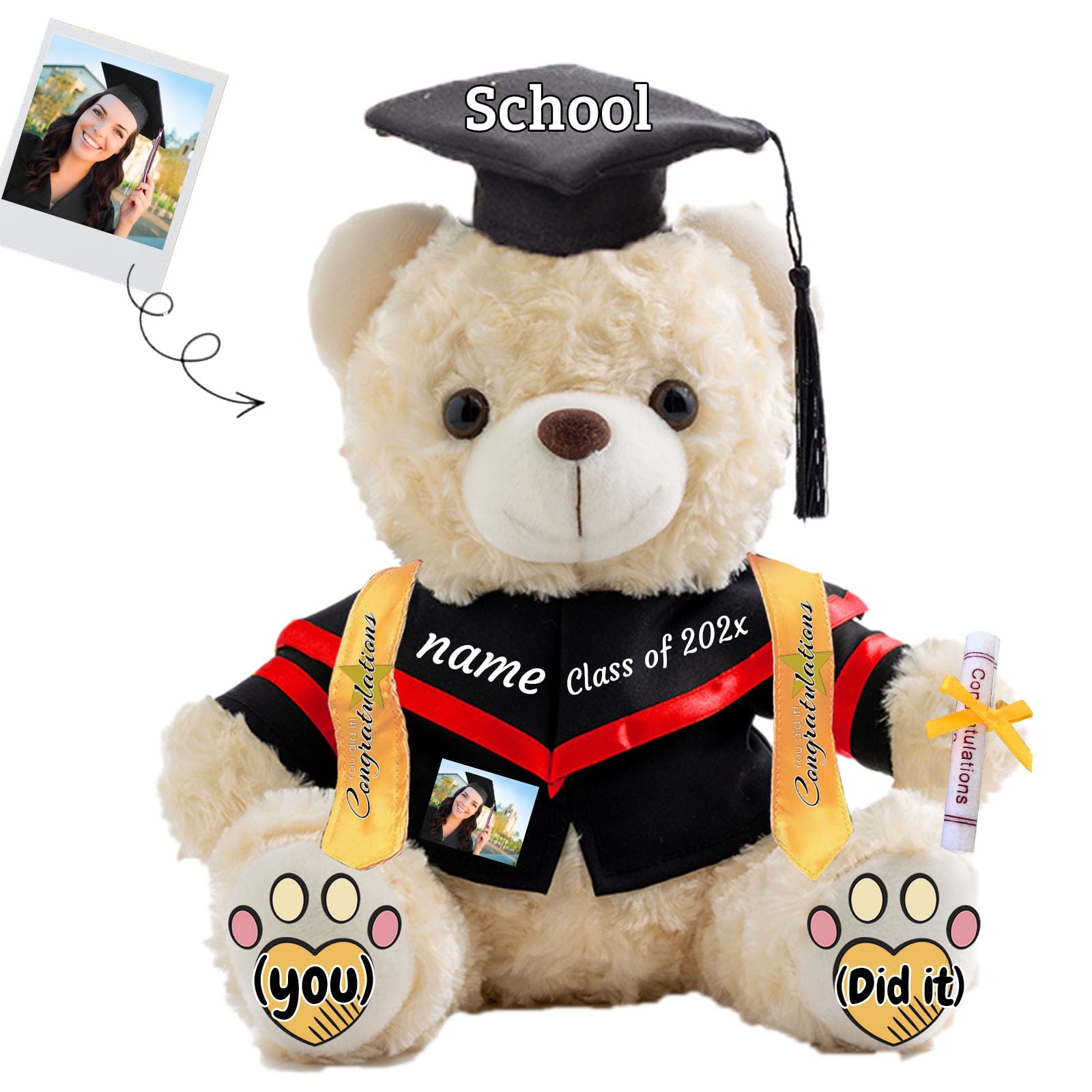 JABECODIFA Graduation Bear Class of 2026 Personalised Graduation Gift for Kids Teddy Bear with Text+Photo as 2026 College High School Kindergarten Graduation-Gifts (10 IN-Text+Photo) — image 1