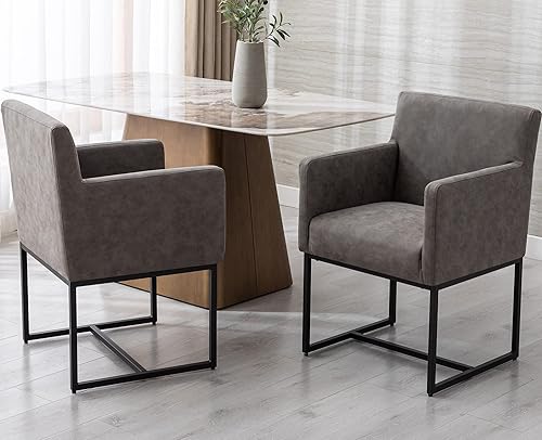 Miniatura 5 de VESCASA Juego de 2 sillas de comedor tapizadas de lino con brazos, modernas sillas de cocina acolchadas de mediados de siglo con marco de metal