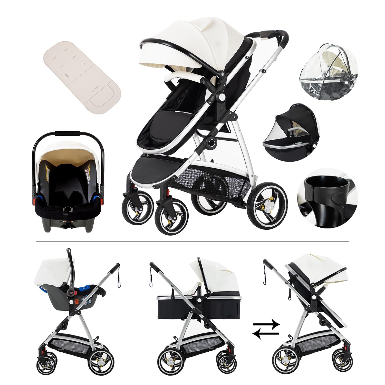 Poussette 3 En 1 Kakbgee - Siège Auto ECE R129, Réglable, 0-4 Ans