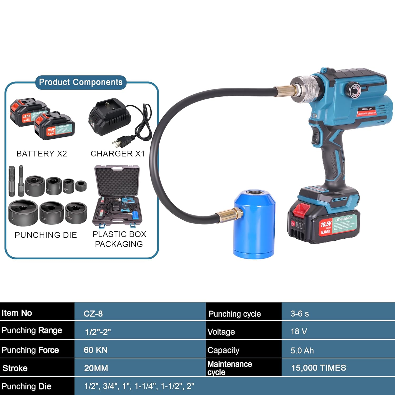 AMZCNC EZ-8 Battery-Hydraulic Knockout Punch Kit with 8-Ton, 1/2" to 2" Slug-Buster Draw Studs, Battery, Charger, and Case (EZ-8)