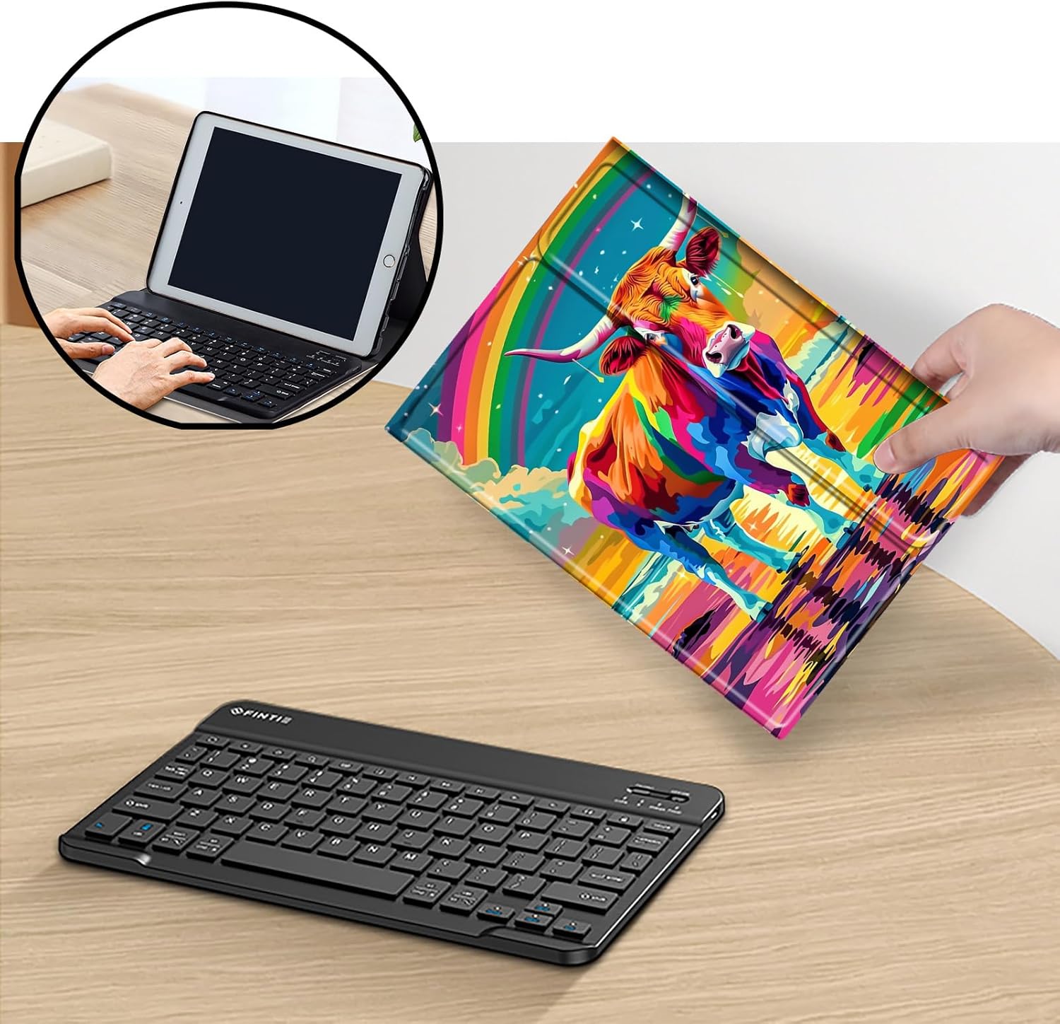 Keyboard Case for Amazon Fire Max 11 (13th Generation, 2023 Release), Detachable Wireless Bluetooth Keyboard and Auto Sleep/Wake Fire Max 11 Tablet Case with Keyboard, Rainbow Cow