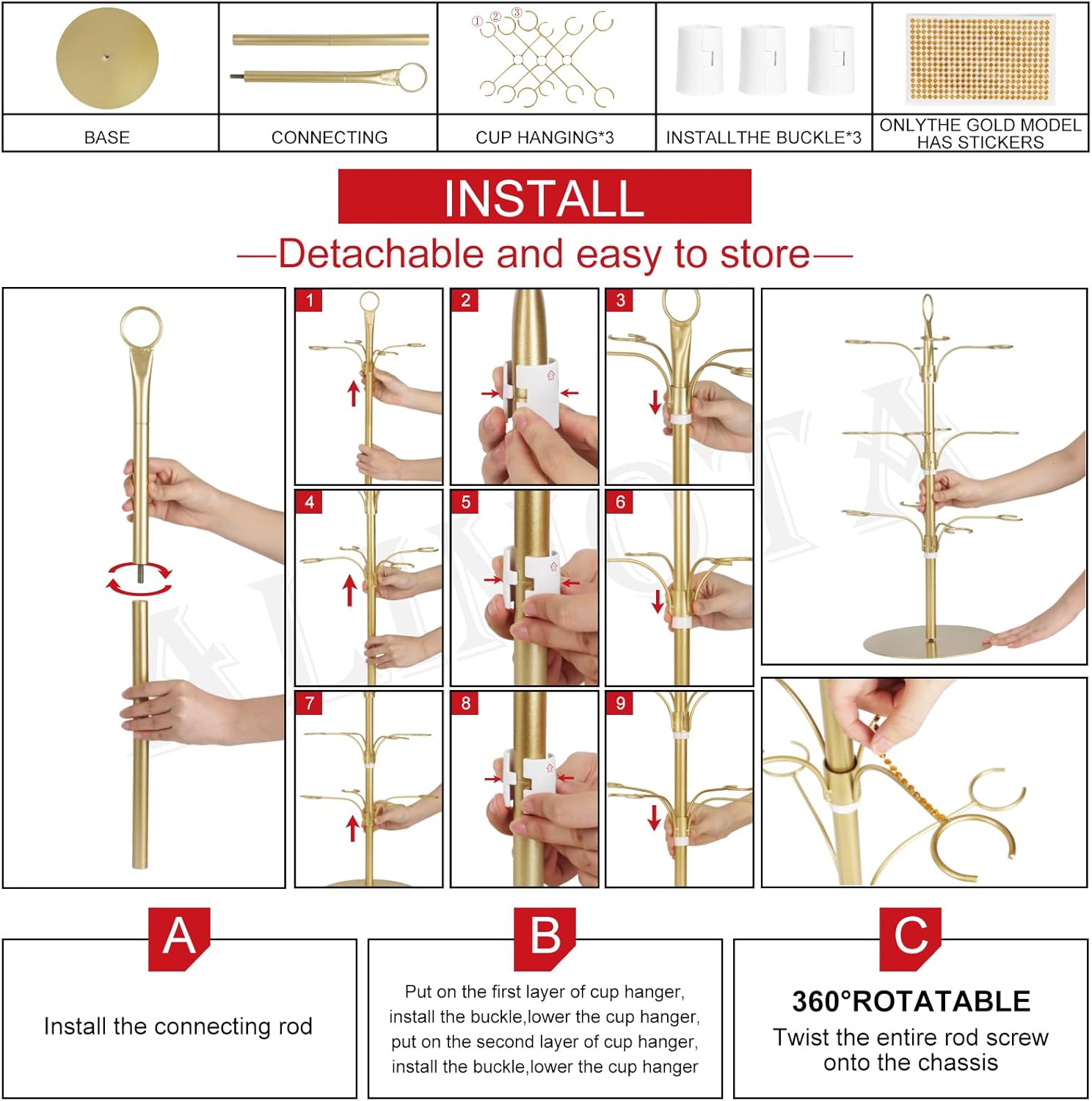 Cocktail Tree Stand for Drinks Champagne Tower Wine Glasses Holder, 3 Tier 12 Holders, Bar Home Drinks Tree Display Suitable for Gin, Cocktails, Champagne, Wine, Black