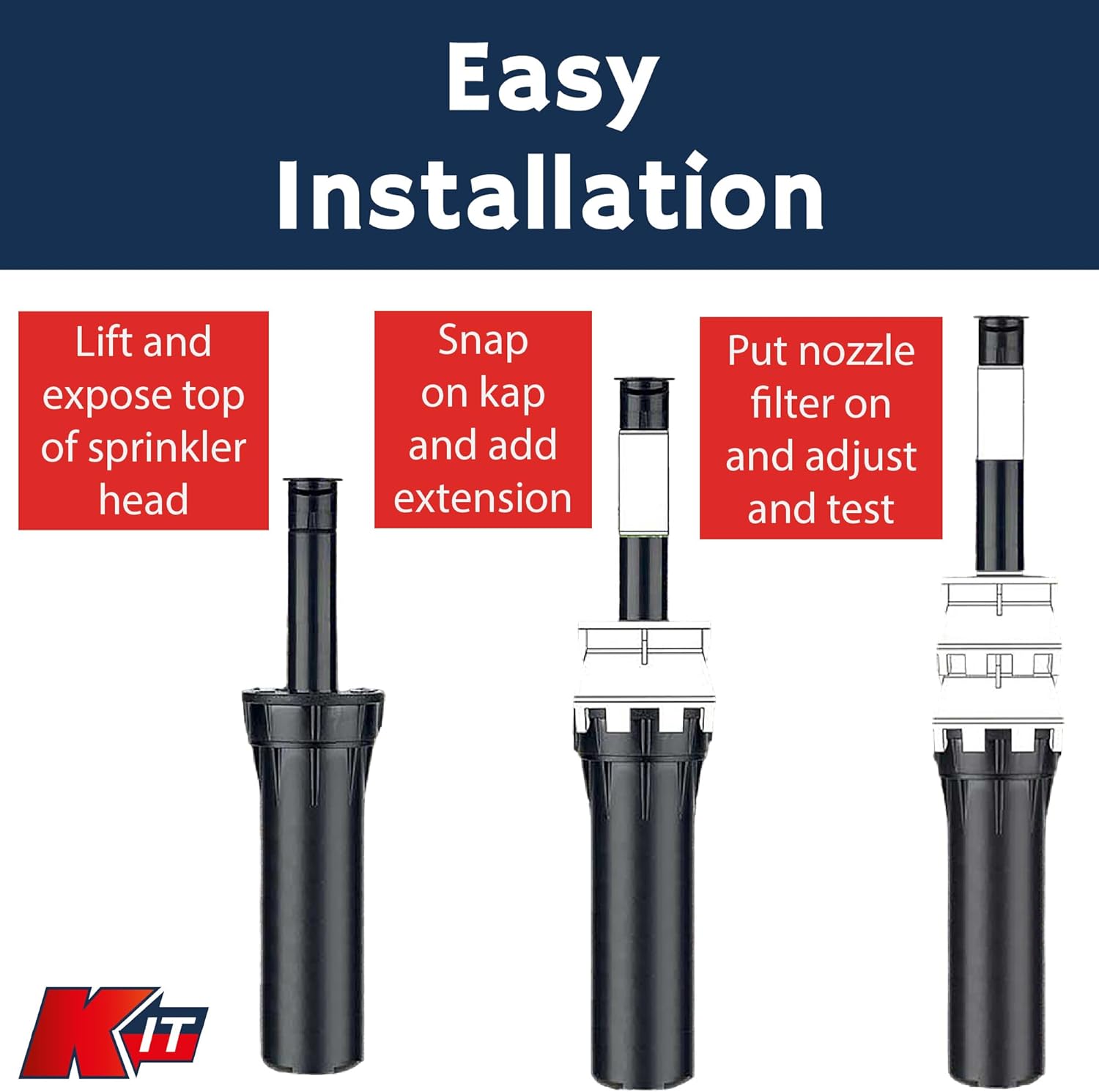 K-IT 1.5 Inch Pop-Up Riser Extension 10 Pack, No-Dig Stackable Irrigation Adapter, Tool-Free Height Lift Solution, Universal Lawn System Component, Black Plastic