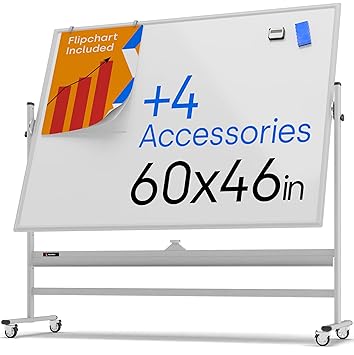 Mobile Whiteboard - Large Adjustable Height 360 degree Reversible Double Sided Dry Erase Board - Magnetic White Board on Wheels - Portable Rolling Easel with Stand, Flip Chart Holders, Paper Pad | 60x46