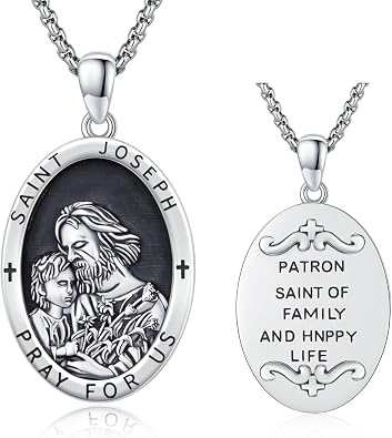 Saint Joseph Necklace for Men 925 Sterling Silver St Joseph Medal Pendant Catholic Necklace Patron Jewelry for Men With 22+2 inch Chain
