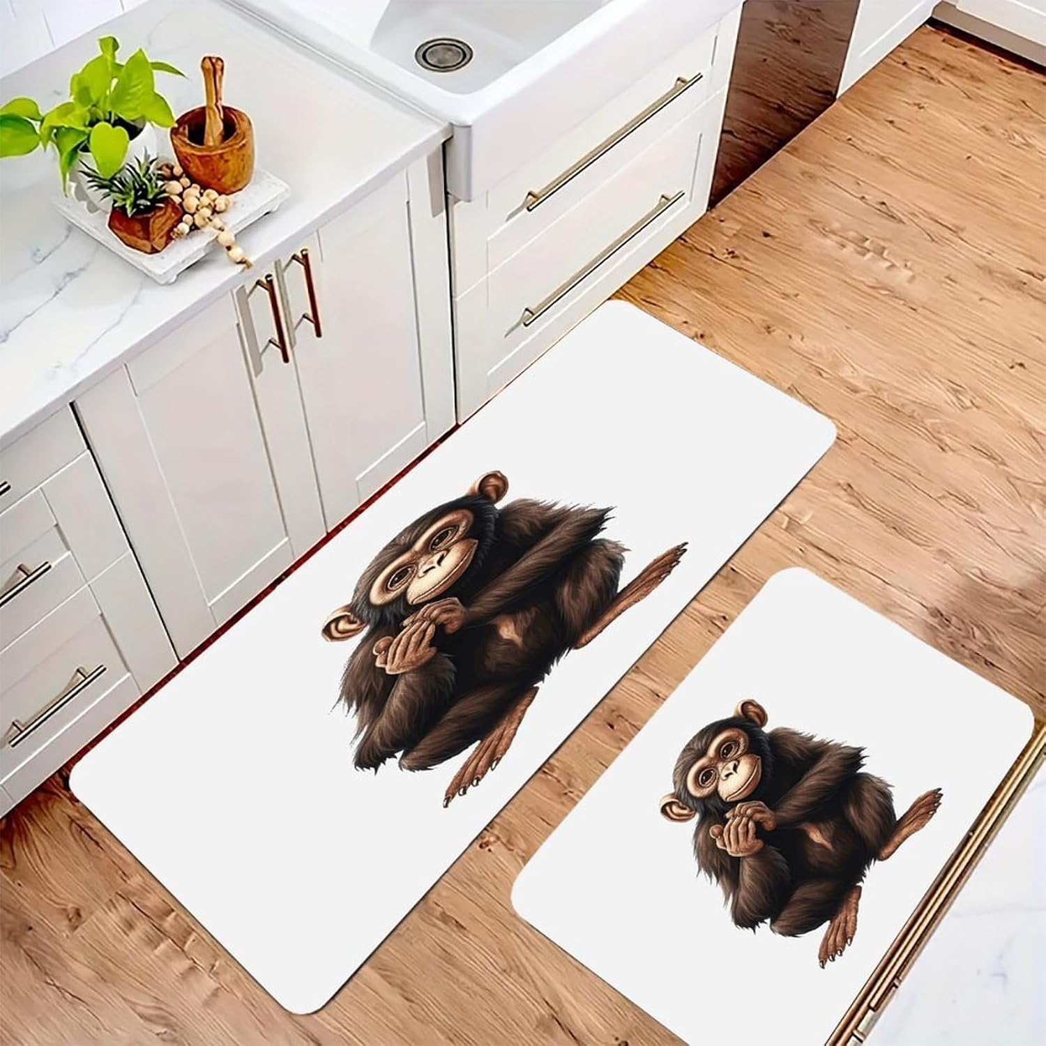 Sitting Monkey Kitchen Mat Kitchen Rug Set | Kitchen Rugs Flannel Velvety Washable breathable Water Absorbent Soft ，kitchen utensils for Kitchen, Floor,Laundry