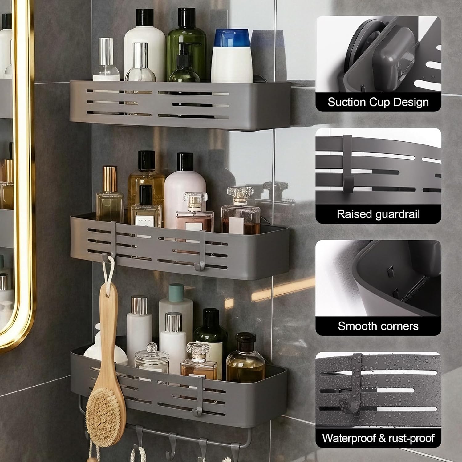 3-Tier No-Drill Storage Caddy with Hooks&Towel Bar,Organizing Solution for Bathroom,Shower&Kitchen,Holds Shampoos,Soaps,Sponges&Cleaners,Rectangle