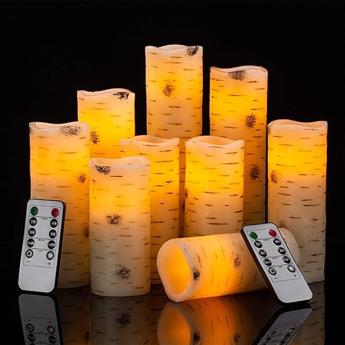 Miniatura 2 de Velas LED parpadeantes sin llama con efecto corteza de abedul, juego de 9 velas de pilar de cera real que funcionan con pilas con control remoto de