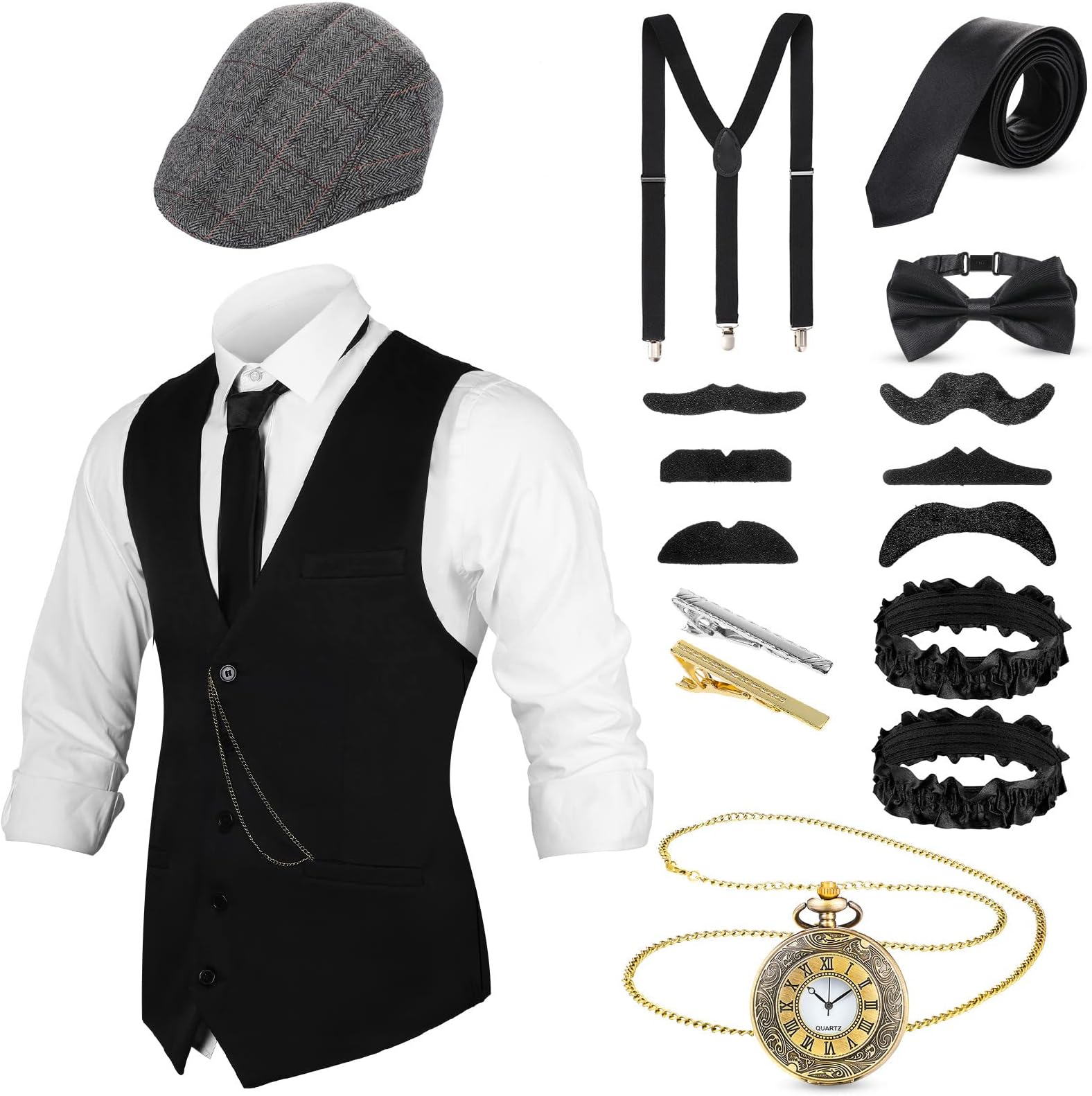 Blulu1920s Mens Gangster Vest Costume Accessories Set Fedora Hat Vintage Pocket Watch Pre Tied Bow Tie 1920s Costumes 1920s Accessories for Men
