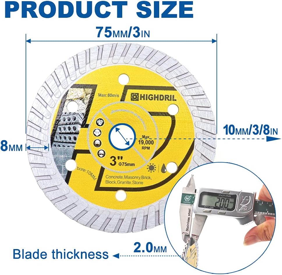 HIGHDRIL 10PCS Diamond Saw Blade,3In/75mm x Arbor 3/8Inch/10mm for Granite,Hard Concrete,Ceramic,Hard Porcelain(10PCS)