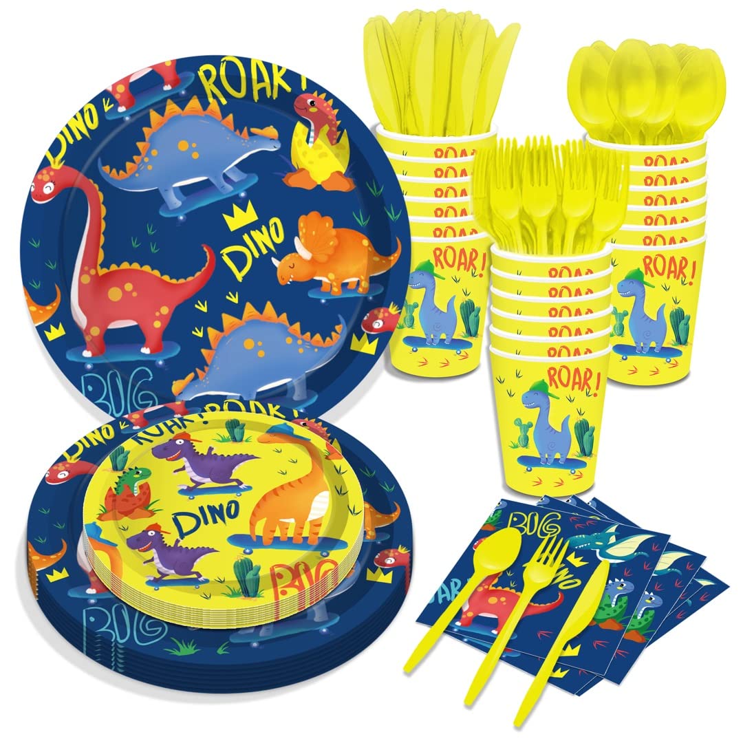 RHYYS Dinosaur Tableware Plates Disposable Paper Plate Value Party Supplies Pack Baby Shower Birthday Dinnerware Table Decorations Serves 8 for Boy Kids Cutlery Includes Plates, Napkins, Forks 68PCS
