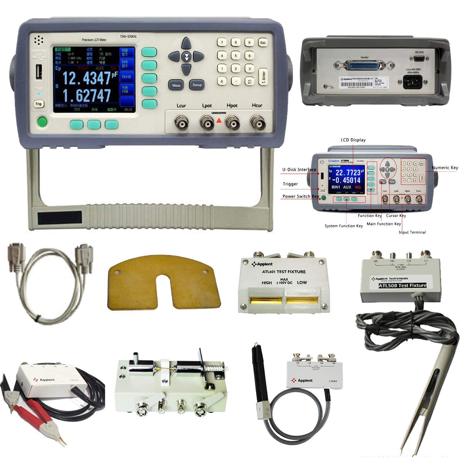 High Precision Digital LCR Meter Tester 10HZ to 300kHz Frequency Source Resistance 30Ω 50Ω 100Ω True Color TFT LCD LCR Meter Tester with Resolution 0.001Hz RS232C and Handler Interface