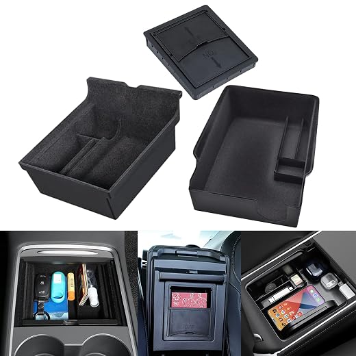 Center Console Organizer Tray 3PCS For 2021 2022 2023 2024 Tesla Model Y And 2021 2022 2023 Tesla Model 3 Interior Automotive Accessories Flocked Car Organizer Armrest Hidden Cubby Drawer Storage Box