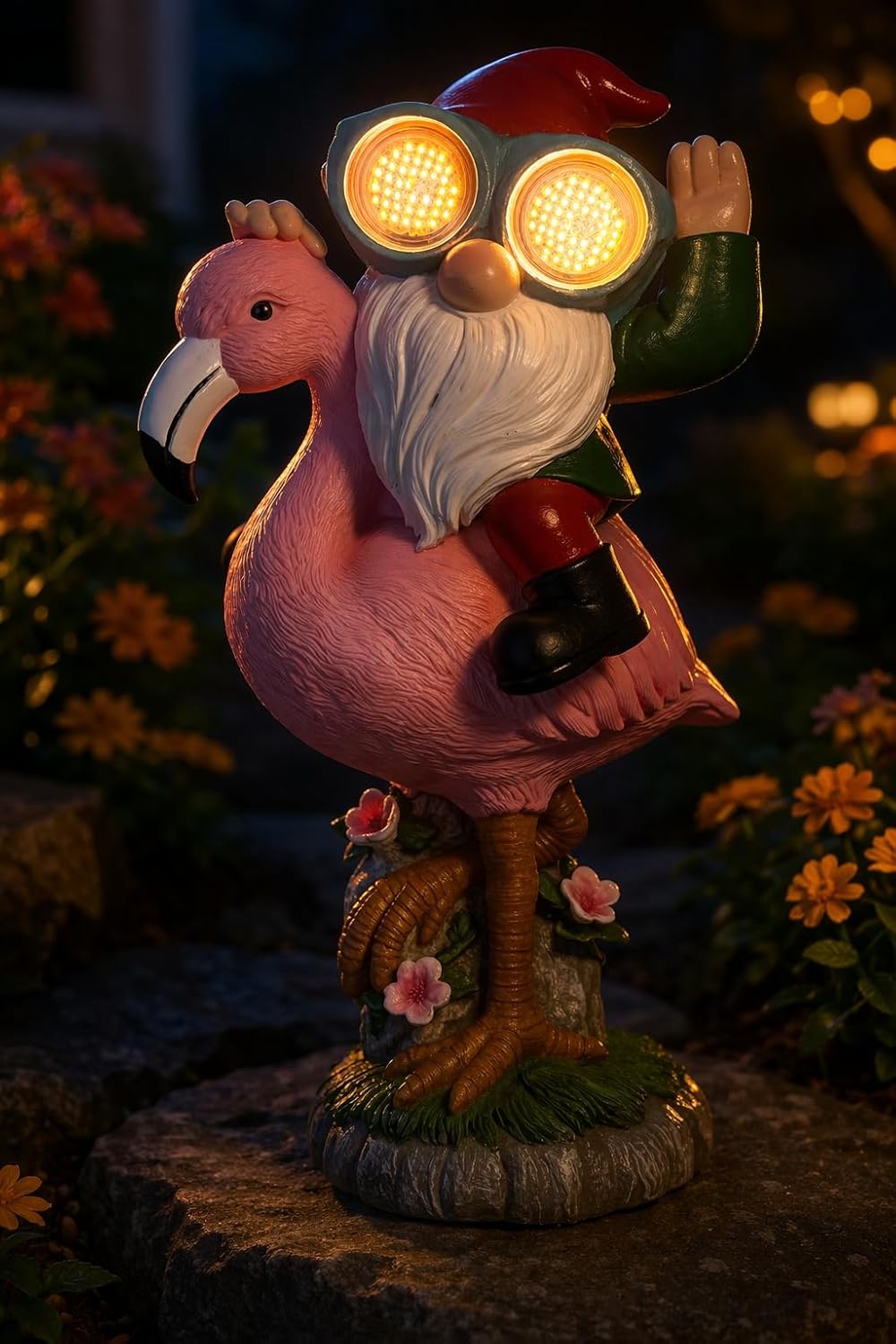 iStatue Solar Flamingo Gnome Garden Statue with Blinking LED Goggles, Funny Solar Garden Decor Outdoor Lawn Ornament Unique Birthday Gifts for Mom Women Dad Men (Multicolor)