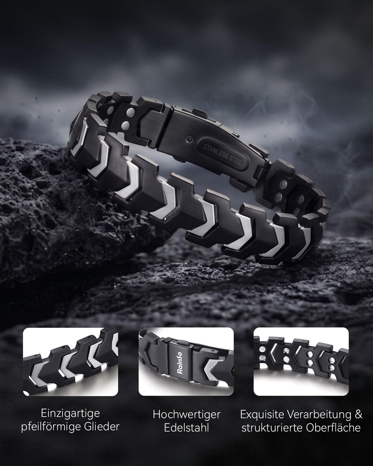 RainSo Magnetarmband Herren, Edelstahlarmband für Herren-Matt Pfeildesign, Verstellbare, Robuste Kette für Outdoor-Klettern (9,45 Zoll)