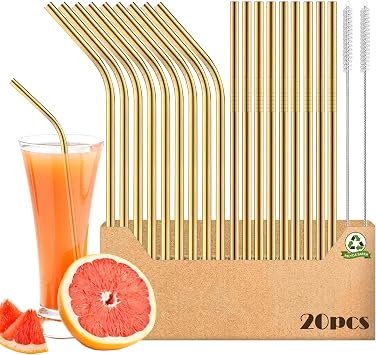 AOTWAN Reusable Stainless Steel Metal Straws Golden 18pcs, 9 Straight + 9 Bent 8.5 Metal Straws for 20 oz Tumblers Dishwasher Safe with 2 Cleaning Brushes