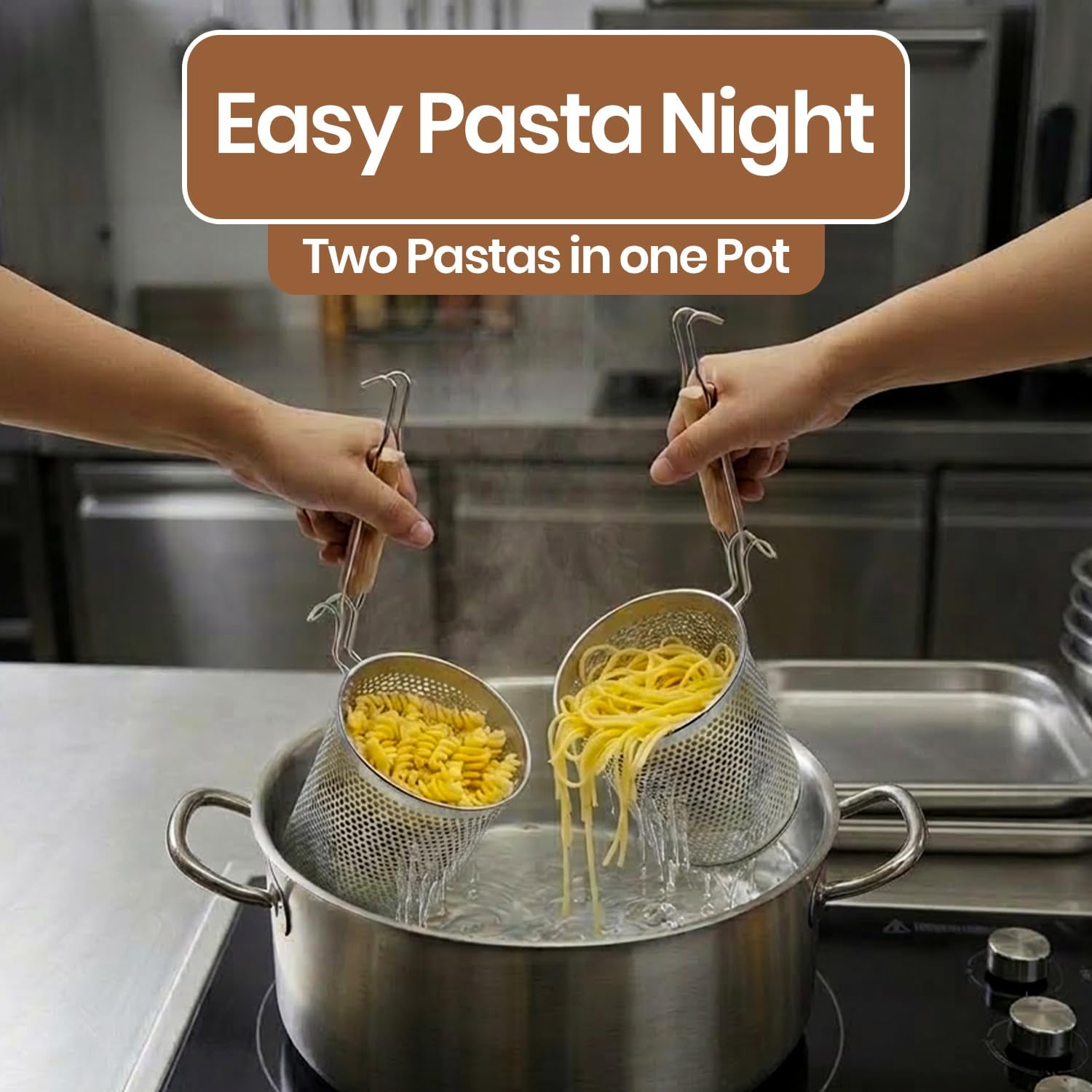 Eggssentials - Pasta Strainer with Handle - Pack of 2 Noodle basket made up of Stainless Steel Mesh - Pasta Basket for Boiling Noodles, Dumplings, Spaghetti – Boiling Strainer & Pasta Cooker.