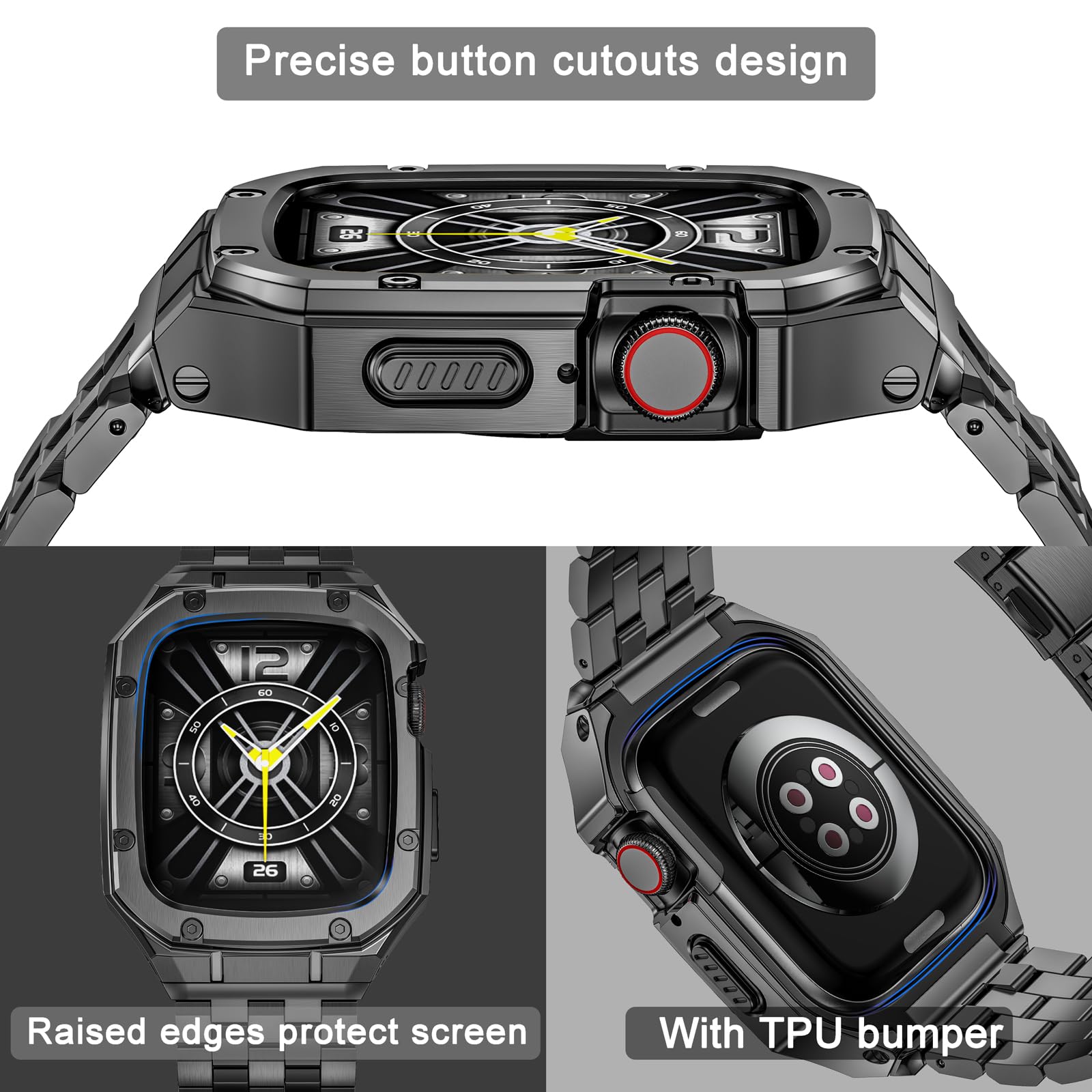 MioHHR Étui de montre en acier inoxydable avec bracelets compatibles avec les bracelets Apple Watch 49 mm, 46 mm, 45 mm, 44 mm, 42 mm, 41 mm, 40 mm, 38 mm, coque en métal avec bracelets iWatch pour