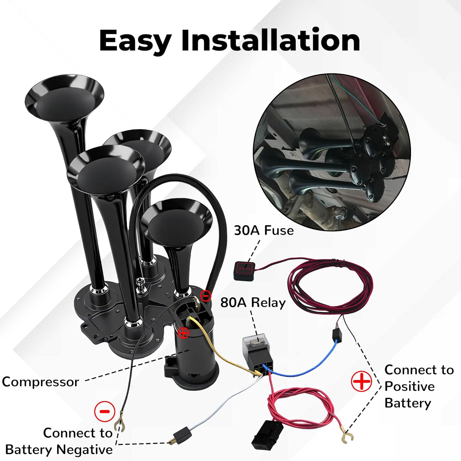 4 Trumpet Train Horn Kit – 180DB Super Loud Air Horn with Compressor, Compatible with Trucks, Pickups, SUVs, Motorhomes, and 12V Vehicles (4-Trumpet Black, 12V Heavy Duty)