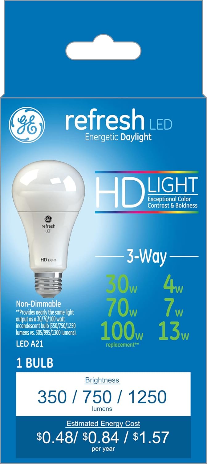 GE Refresh LED HD 3-Way Light Bulb, 4, 7, 13 Watt (30, 70, 100 Watt Equivalent) Daylight, Medium Base (1 Pack)