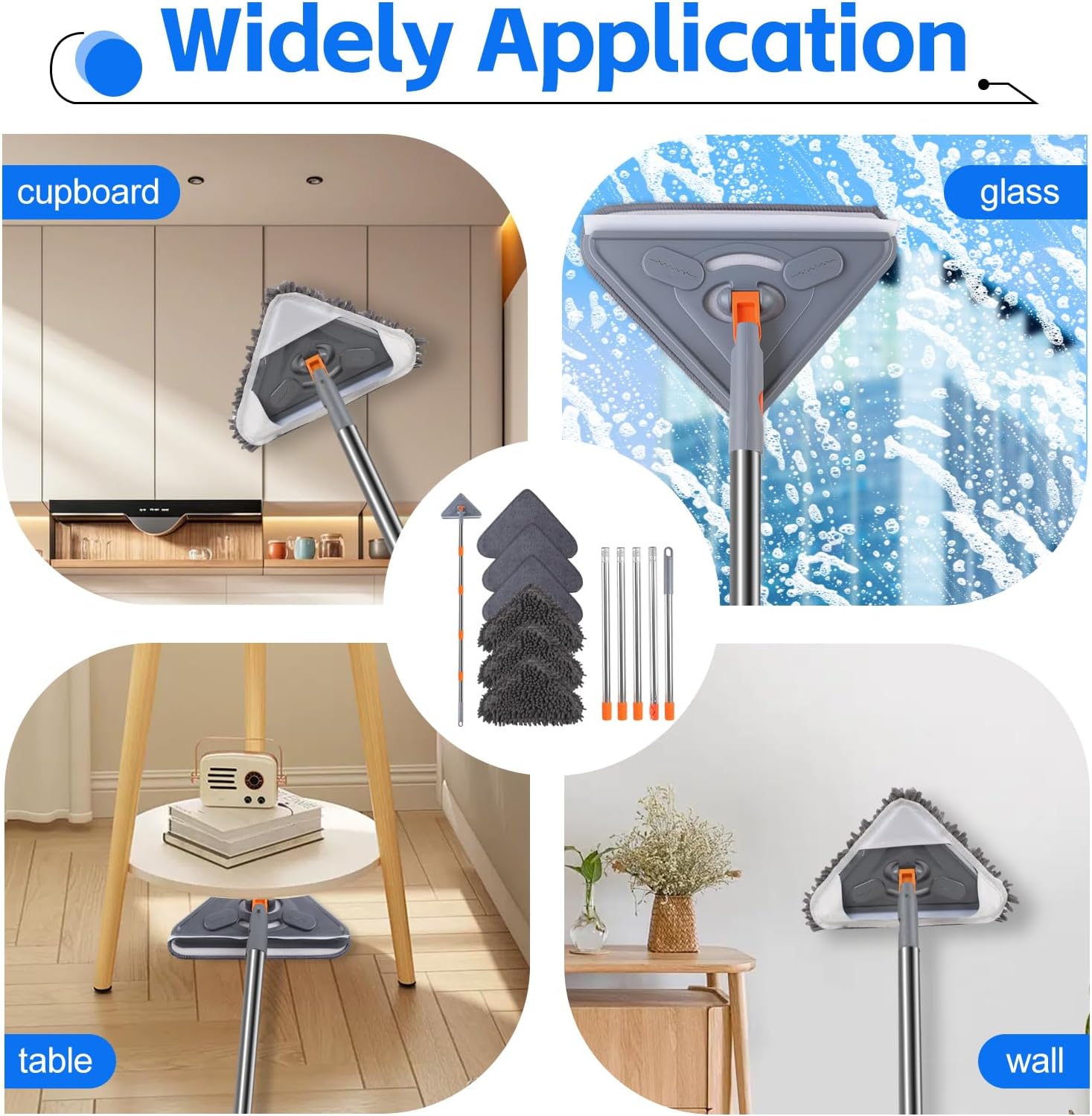 Wall Mop with 80 Inches Long Handle, Wall Cleaner Mop Tool for Window/Walls/Ceiling Fans/Dust/Baseboard/Floors Clean, 360° Ceilings Cleaner Tool Duster with Squeegee 6 Replacement Pads