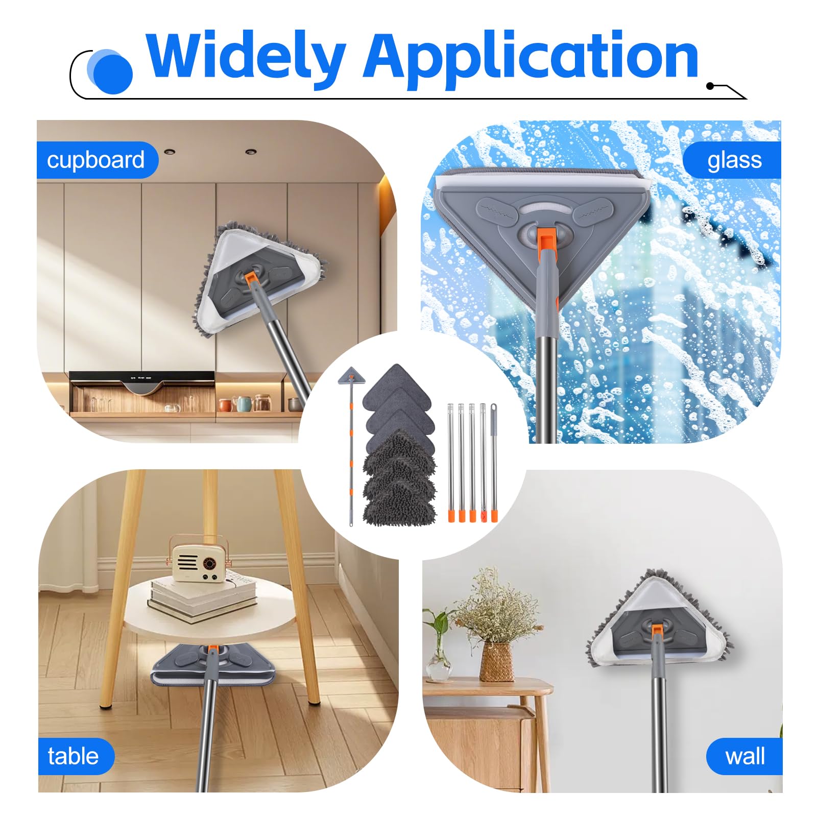 Mopa de pared con mango de 203 cm de largo, herramienta de limpieza de pared para ventanas, paredes, ventiladores de techo, polvo, zócalo, suelos, limpieza de techos de 360°, con escobilla de