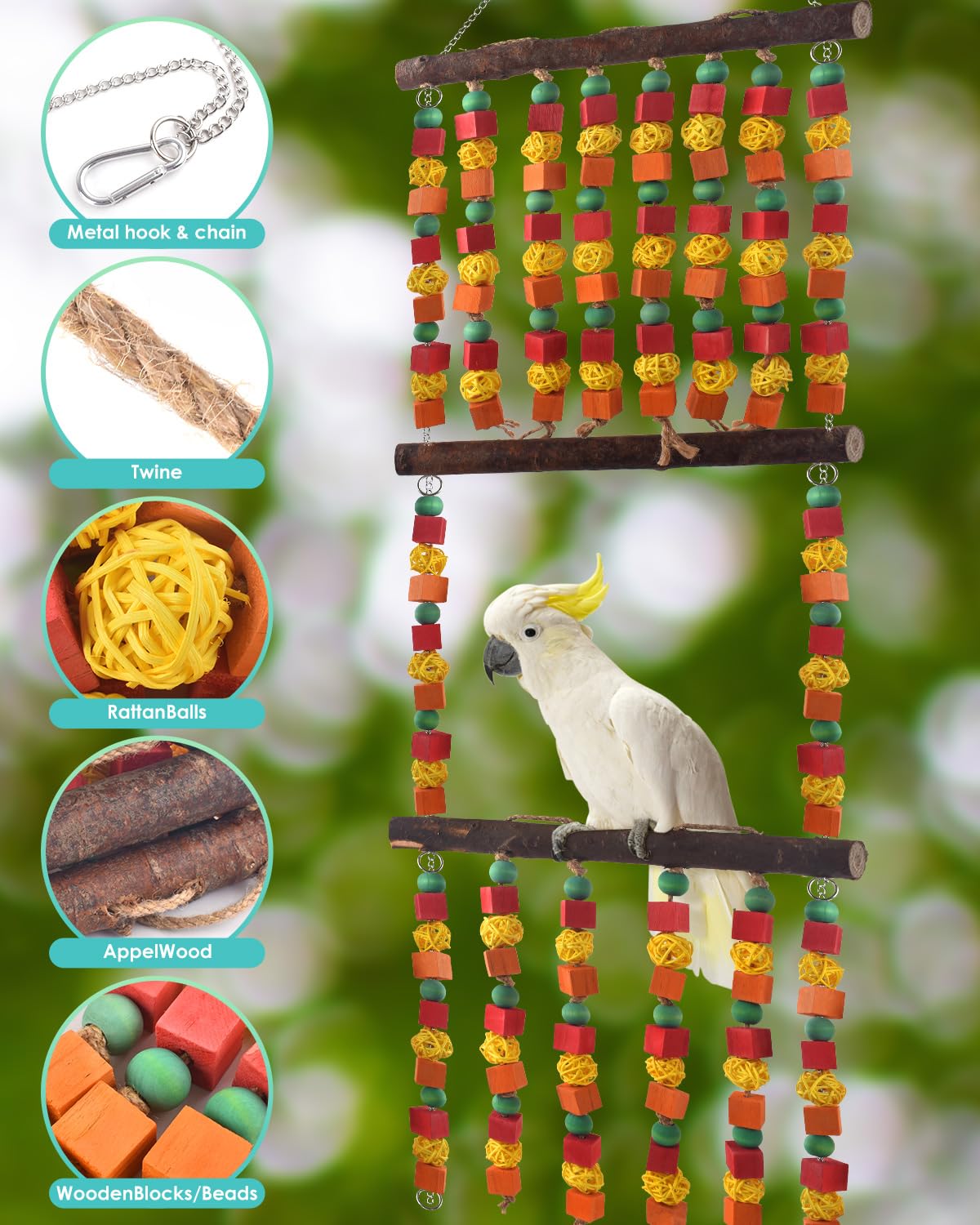 DBNESS Giocattoli per pappagalli extra large da 109,2 cm, blocchi di legno multicolore da masticare con palline e posatoi in rattan per ara, grigi africani, cokatoos, pappagalli amazzonici e