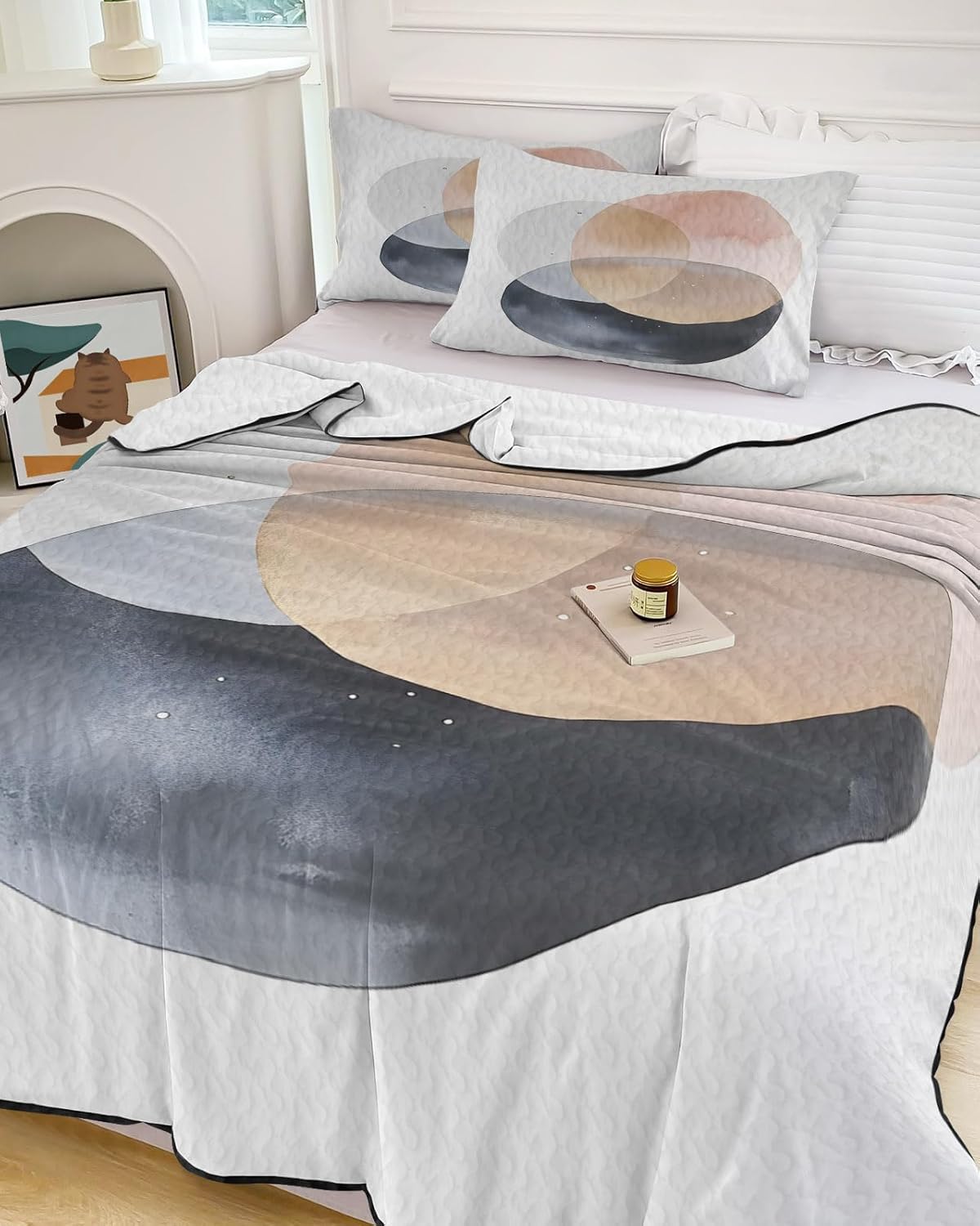 Full Size Quilt Set, Bohemian Nordic Color Block Lightweight Bedspread Coverlet Set Soft Microfiber Summer Quilt with 2 Pillow Shams, Minimalist Art 3 Piece Comforter Bedding Set